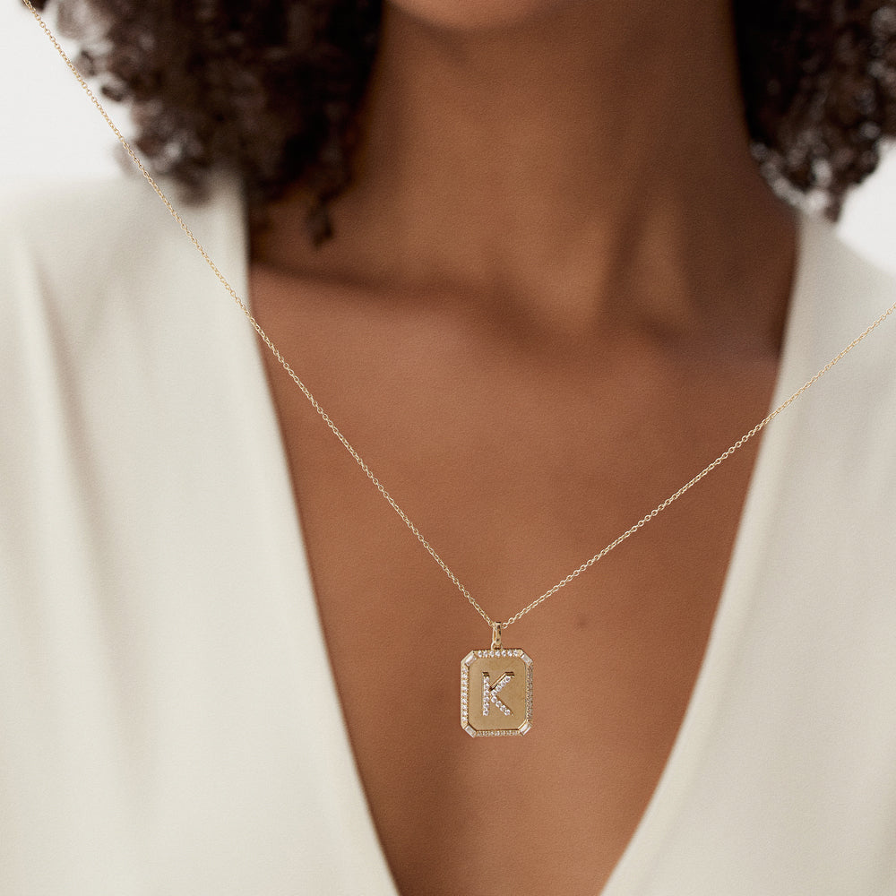 OBFJ1508 - 14k Baguette and Round Diamond Tag Initial Necklace 3