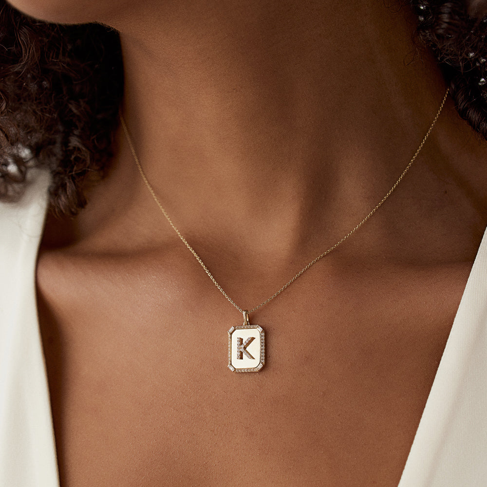 OBFJ1508 - 14k Baguette and Round Diamond Tag Initial Necklace 2