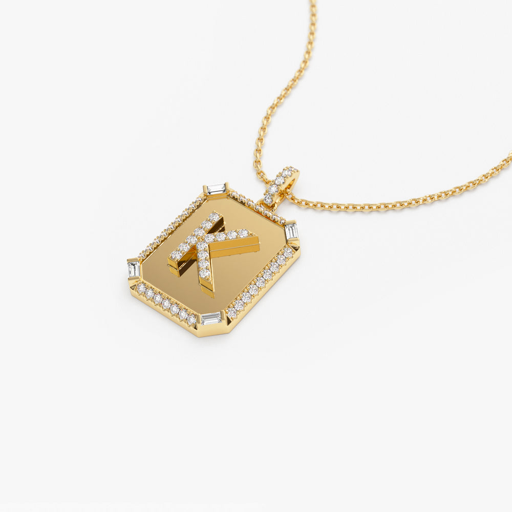 OBFJ1508 - 14k Baguette and Round Diamond Tag Initial Necklace 6