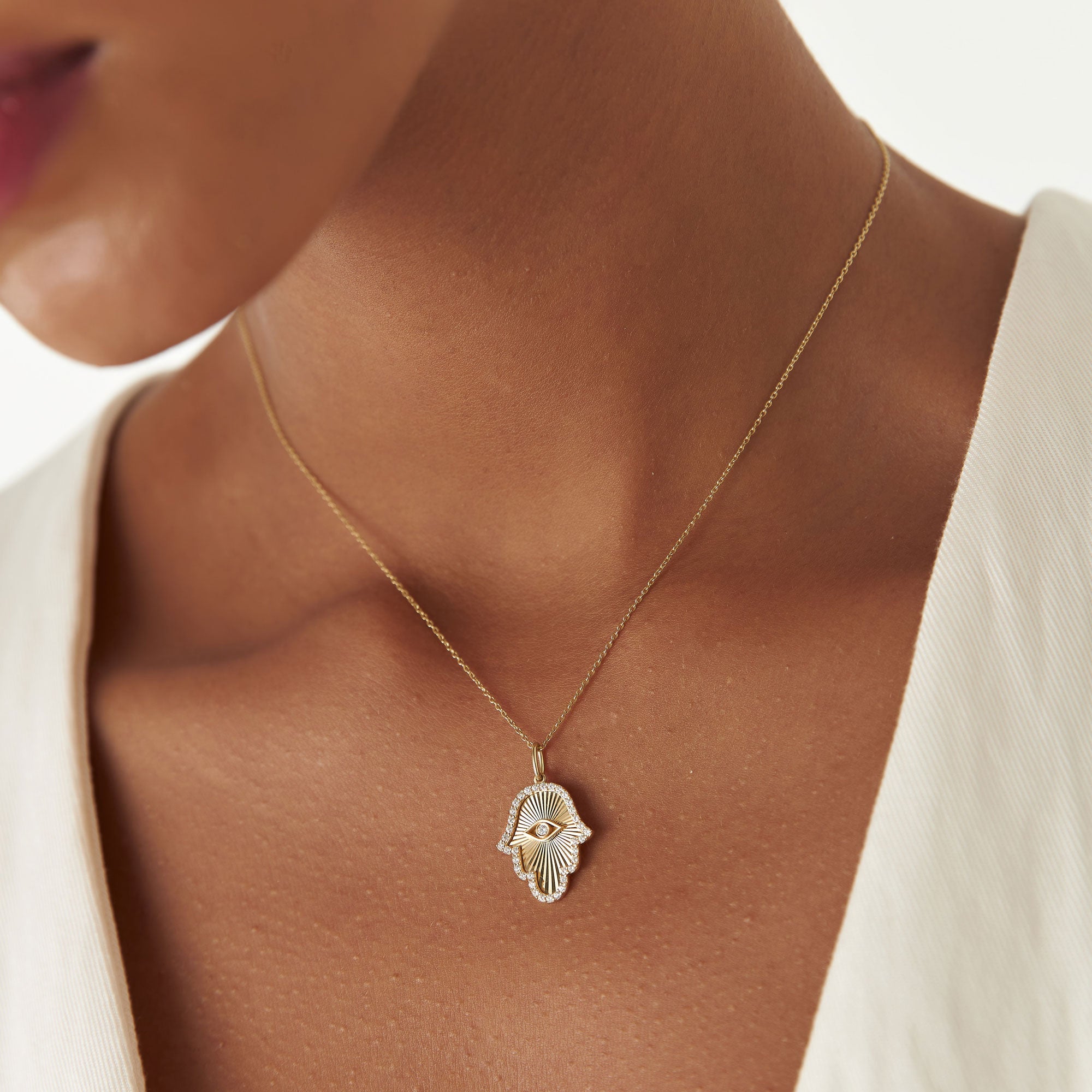 OBFJ1369 - 14k Diamond Hamsa & Evil Eye Hand of Fatima Necklace 2