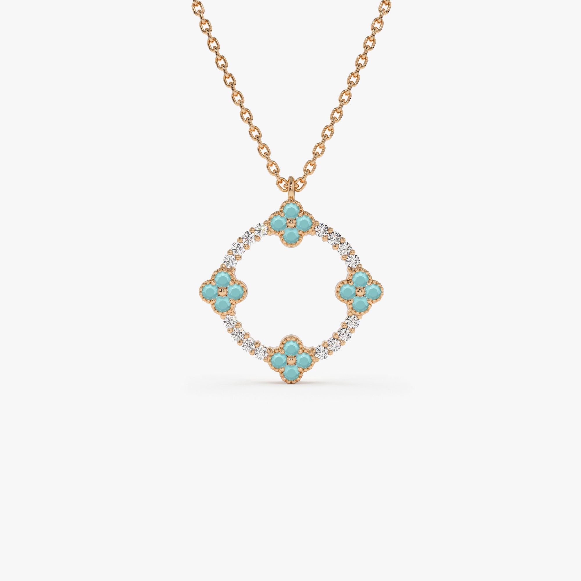 OBFJ1354 - 14k Turquoise and Diamond Clover Pendant Necklace 6