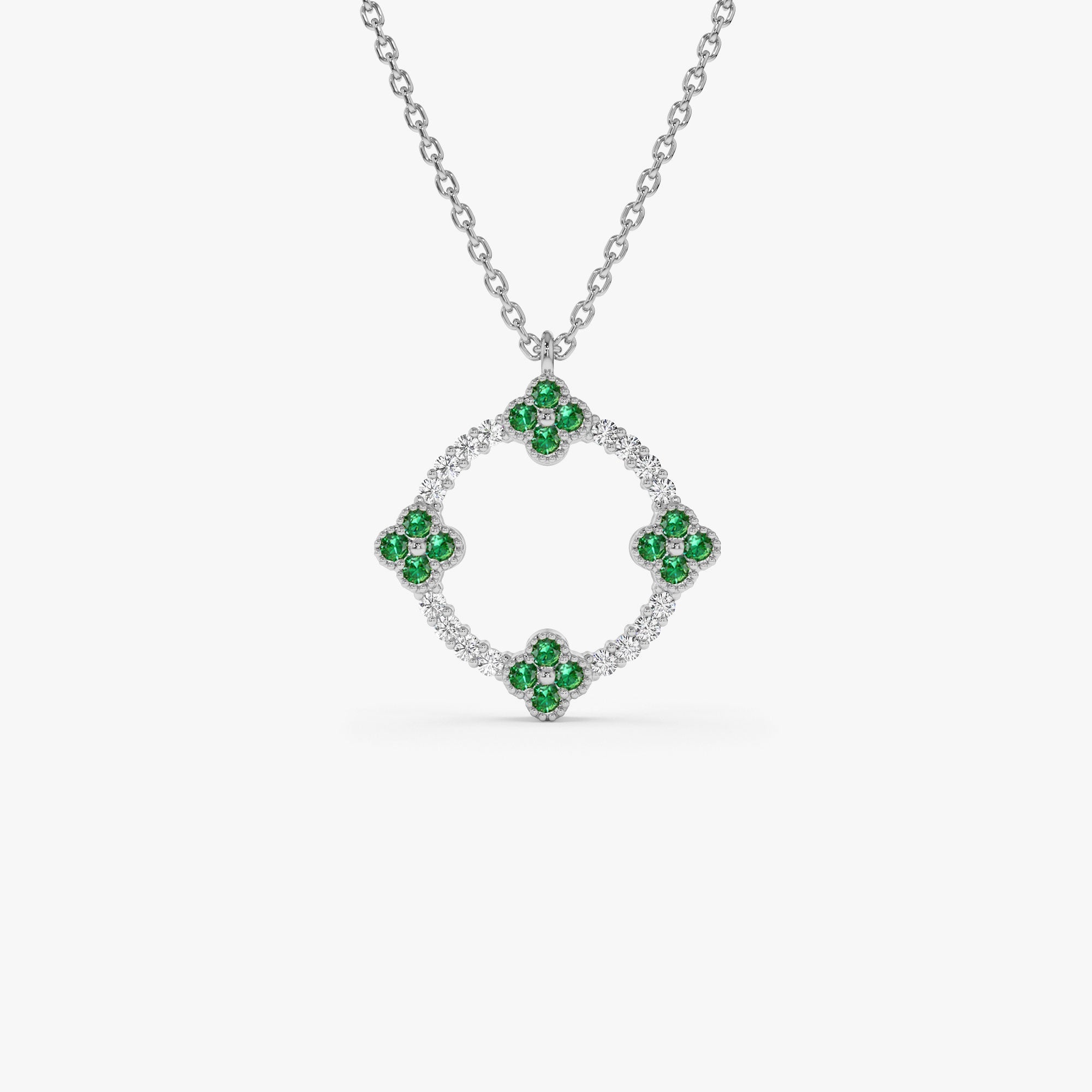 OBFJ1370 - 14k Diamond and Emerald Clover Necklace 6