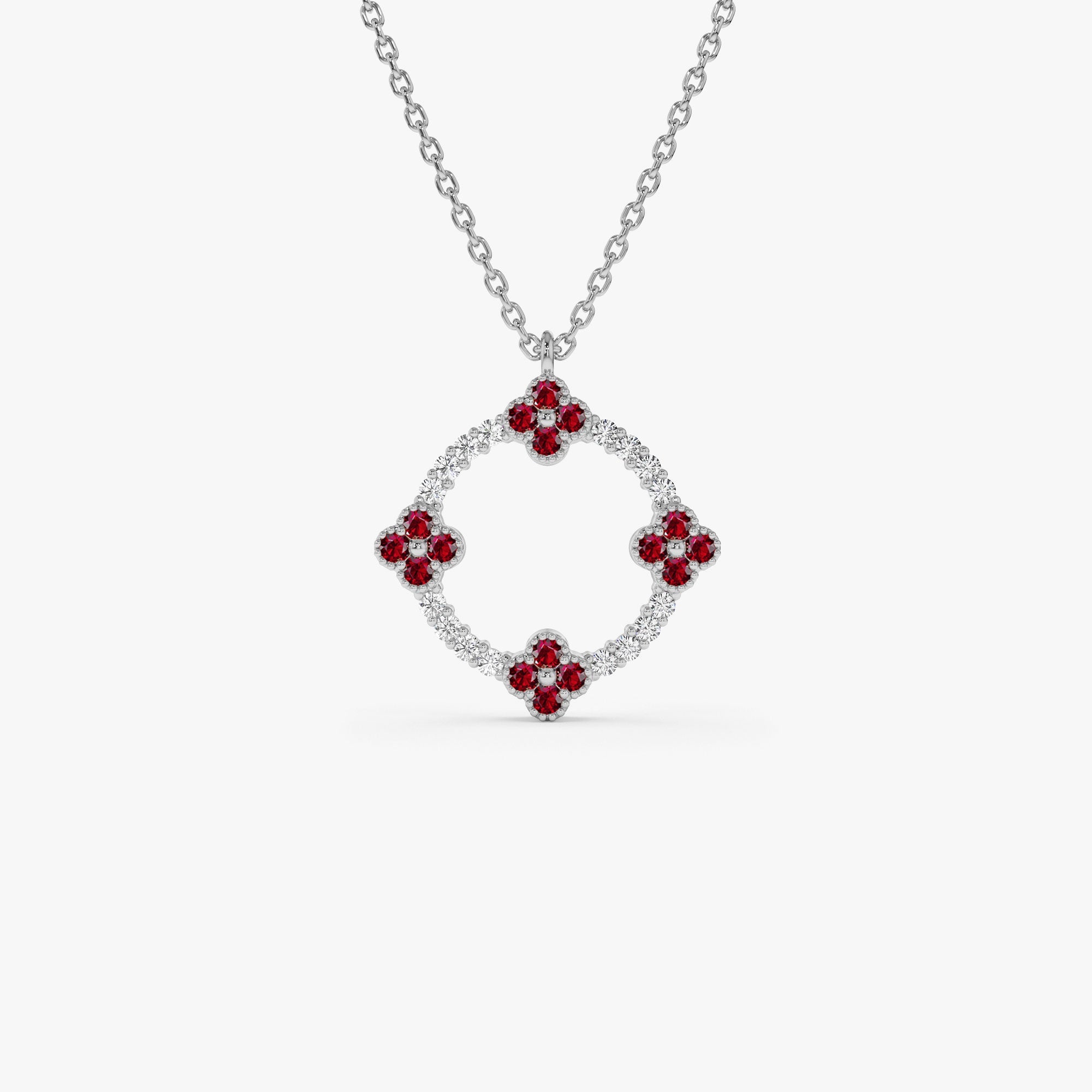 OBFJ1375 - 14k Diamond and Ruby Clover Necklace 3