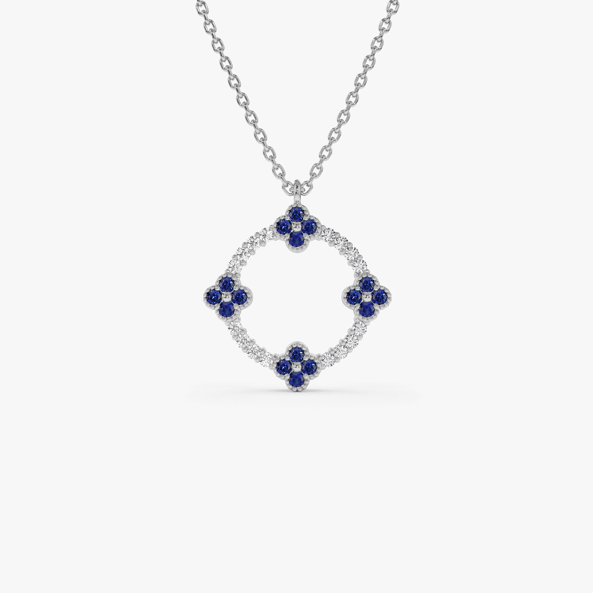 OBFJ1357 - 14k Diamond and Sapphire Clover Necklace 6