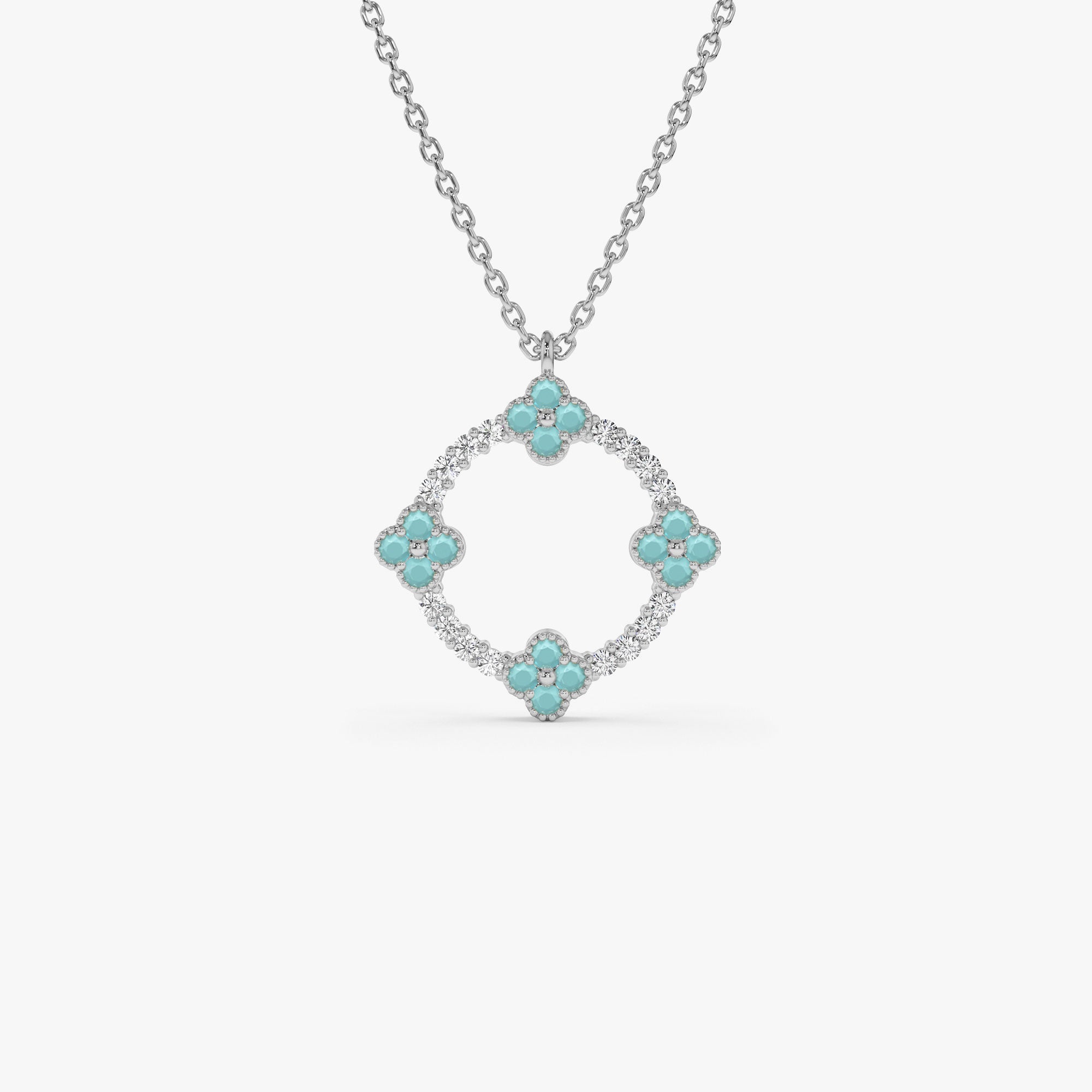 OBFJ1354 - 14k Turquoise and Diamond Clover Pendant Necklace 7