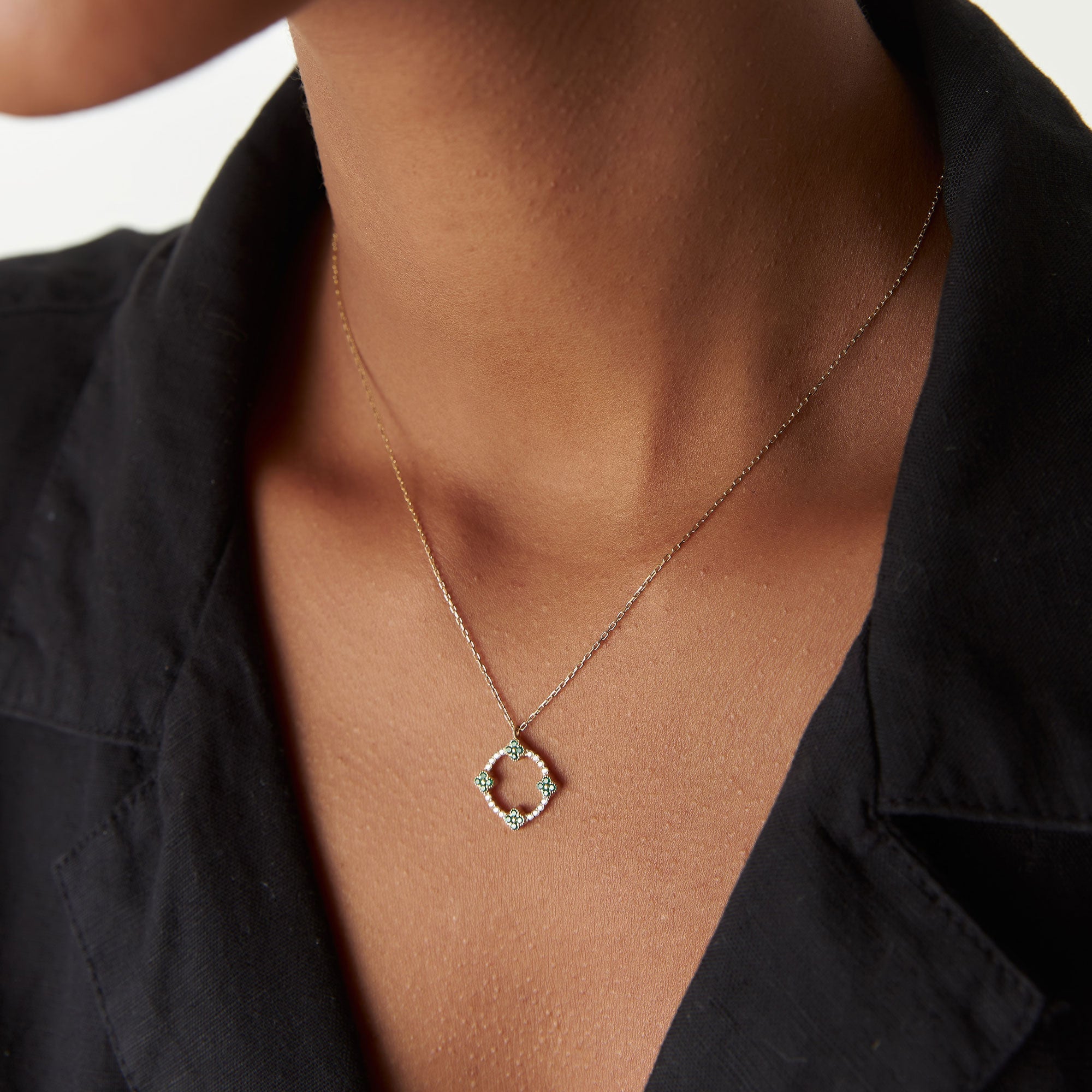 OBFJ1370 - 14k Diamond and Emerald Clover Necklace 4