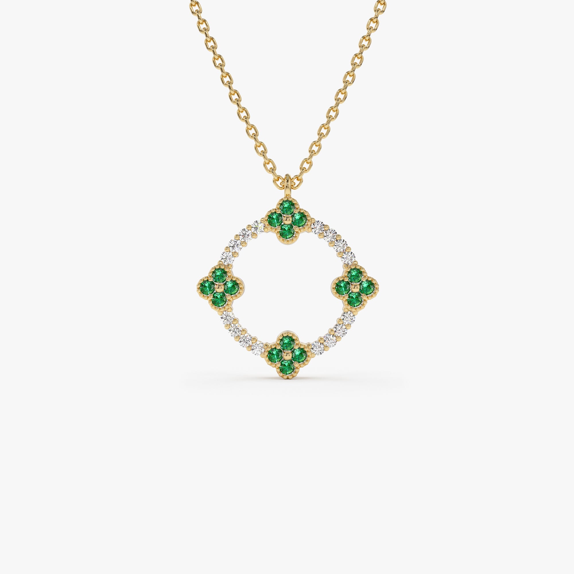 OBFJ1370 - 14k Diamond and Emerald Clover Necklace 1