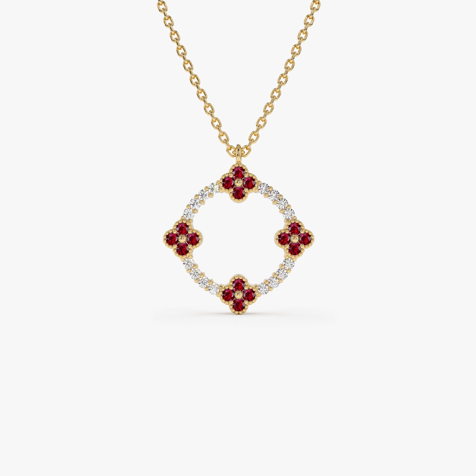 OBFJ1375 - 14k Diamond and Ruby Clover Necklace 1