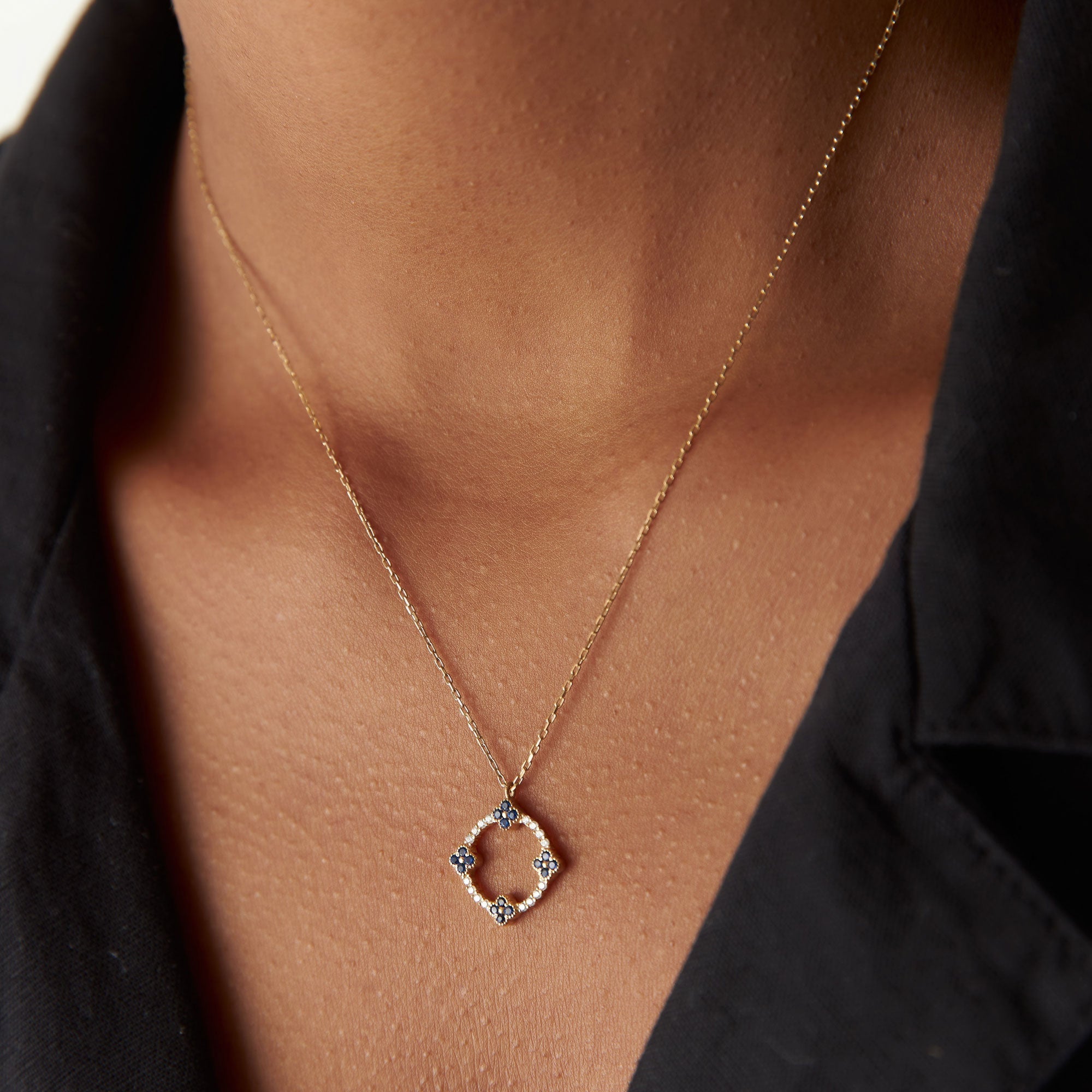 OBFJ0227 - 14k Rose Diamond and Sapphire Clover Necklace 4