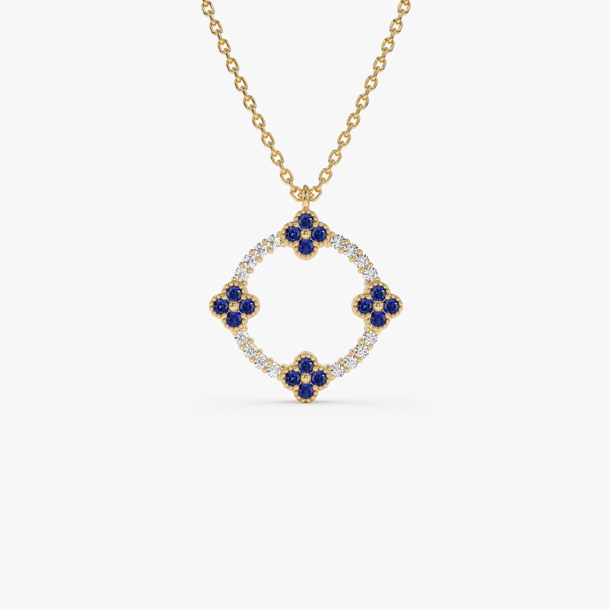 OBFJ1357 - 14k Diamond and Sapphire Clover Necklace 1