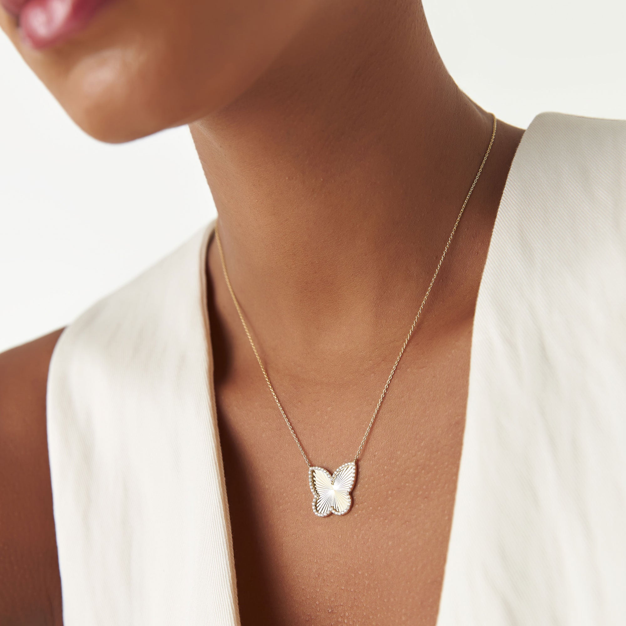 OBFJ1361 - 14K Textured Diamond Butterfly Charm Pendant 2