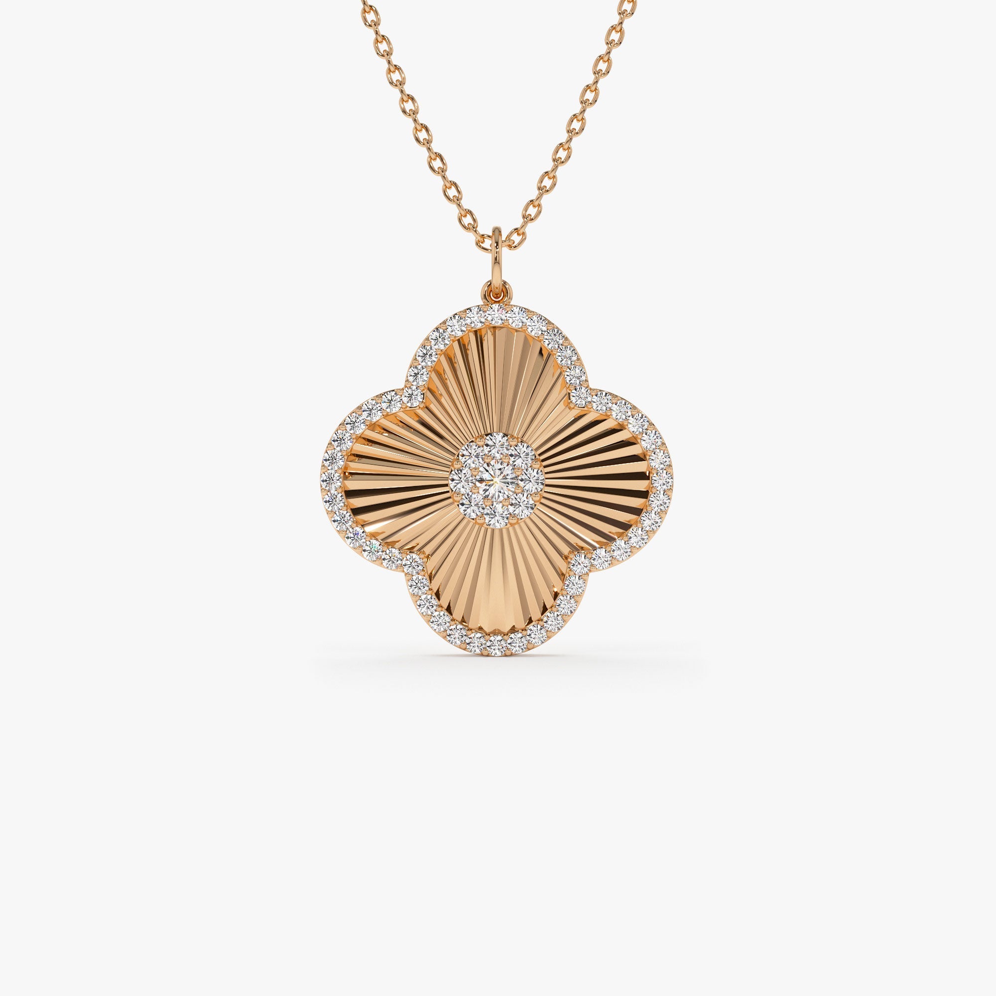 OBFJ1330 - 14K Gold Textured Diamond Clover Charm Pendant 4