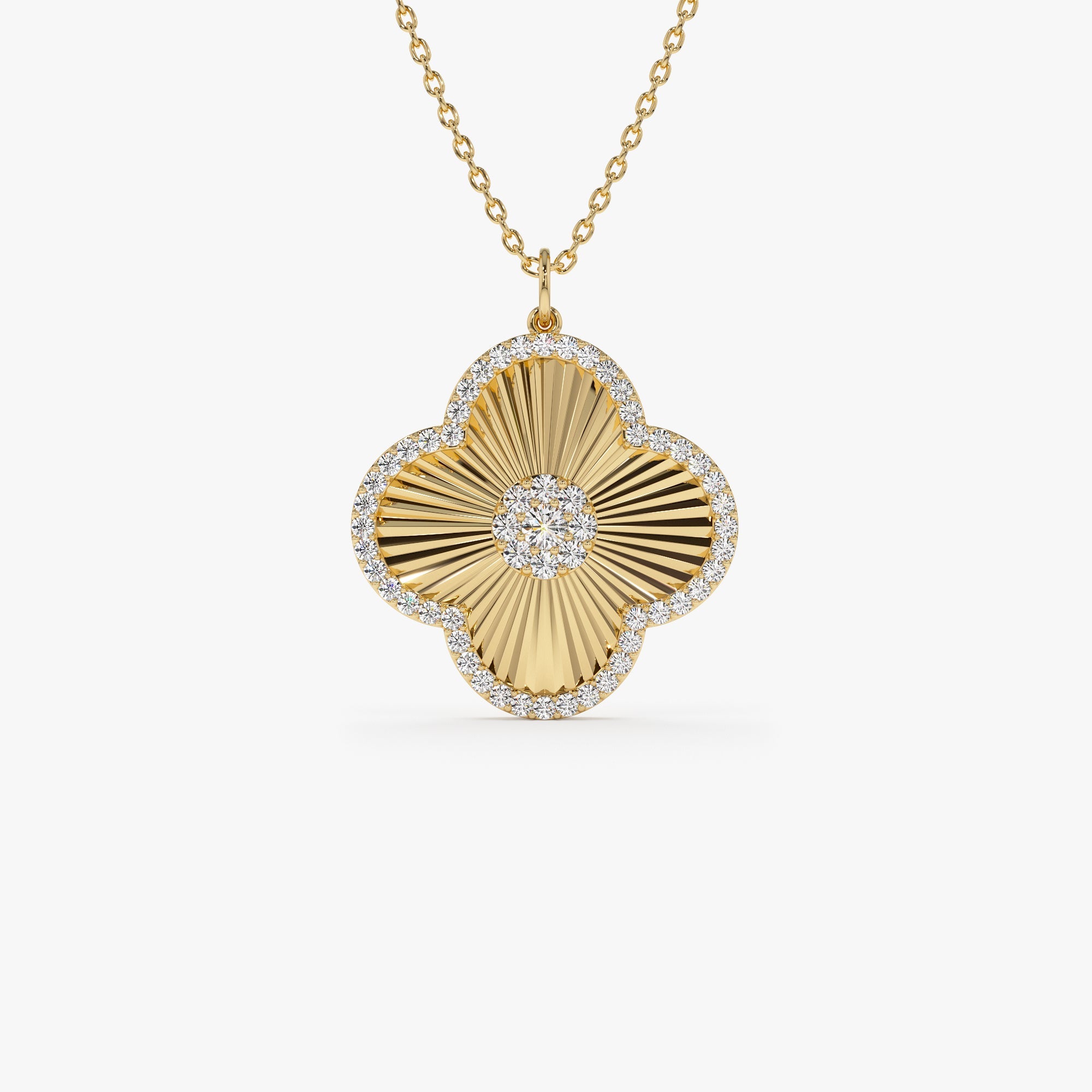OBFJ1330 - 14K Gold Textured Diamond Clover Charm Pendant 1