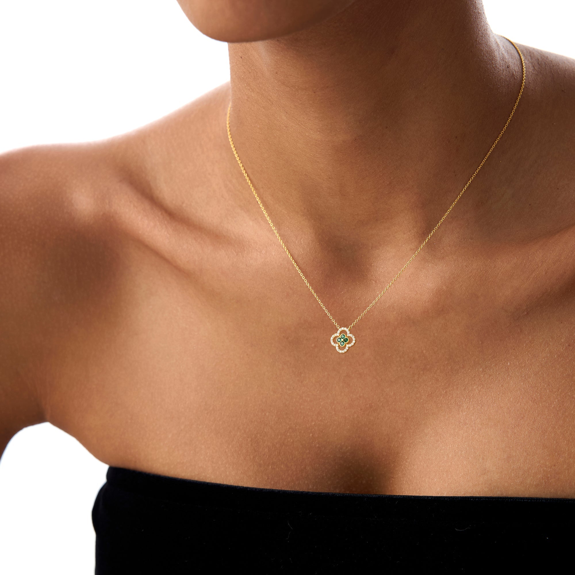 OBFJ0909 - 14k Emerald Clover Necklace in Halo Setting 6