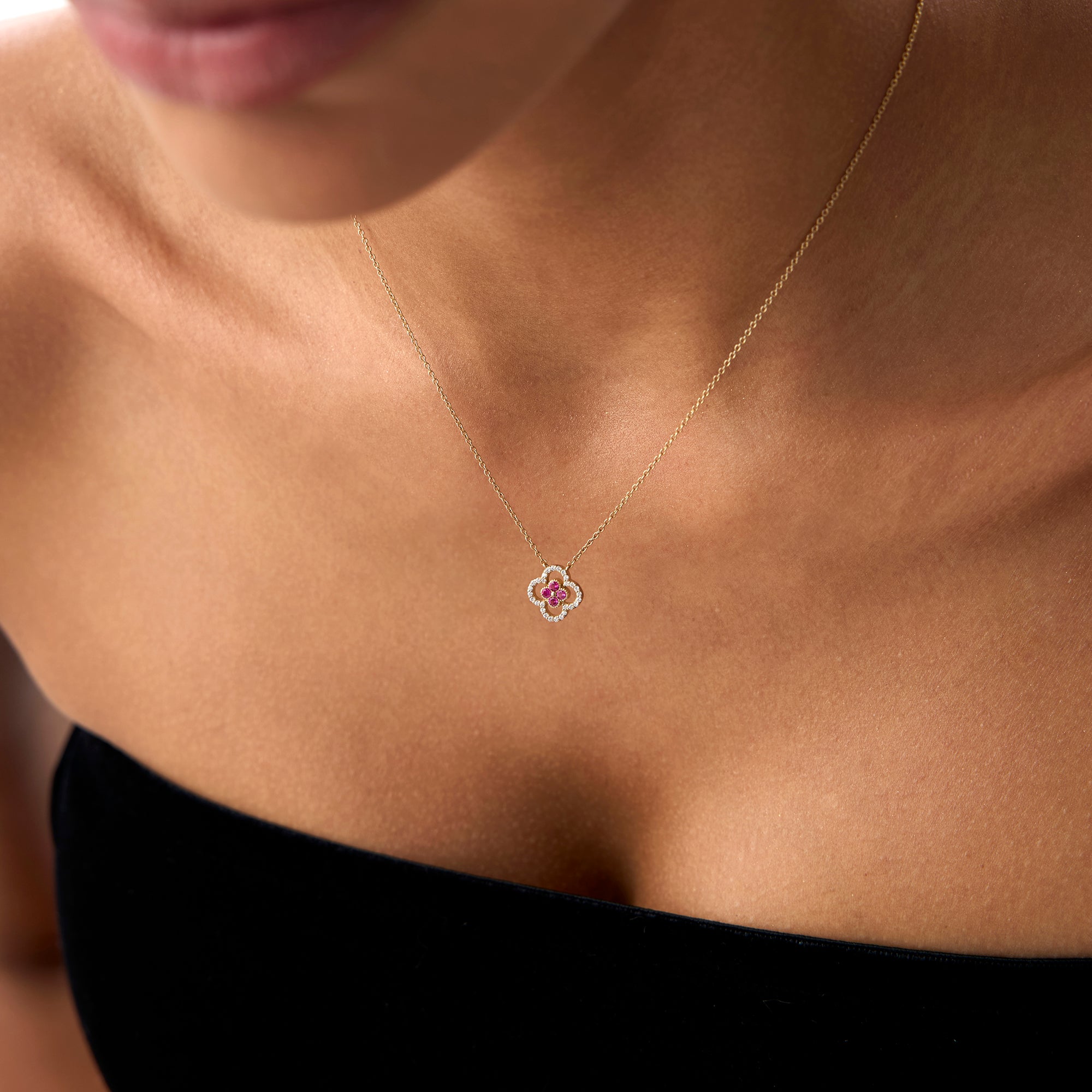 OBFJ0910 - 14k Ruby Clover Necklace in Halo Setting 4