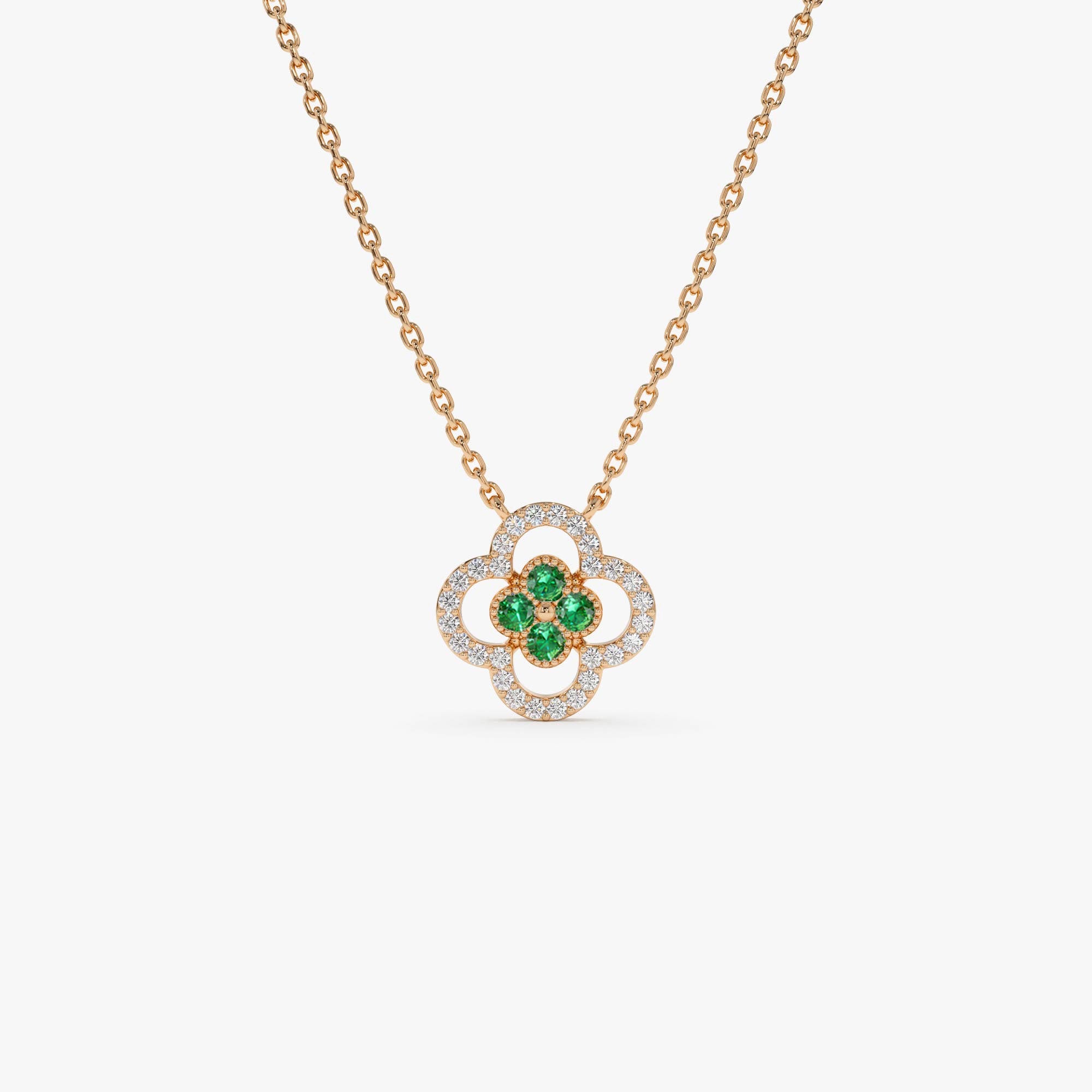 OBFJ0909 - 14k Emerald Clover Necklace in Halo Setting 7