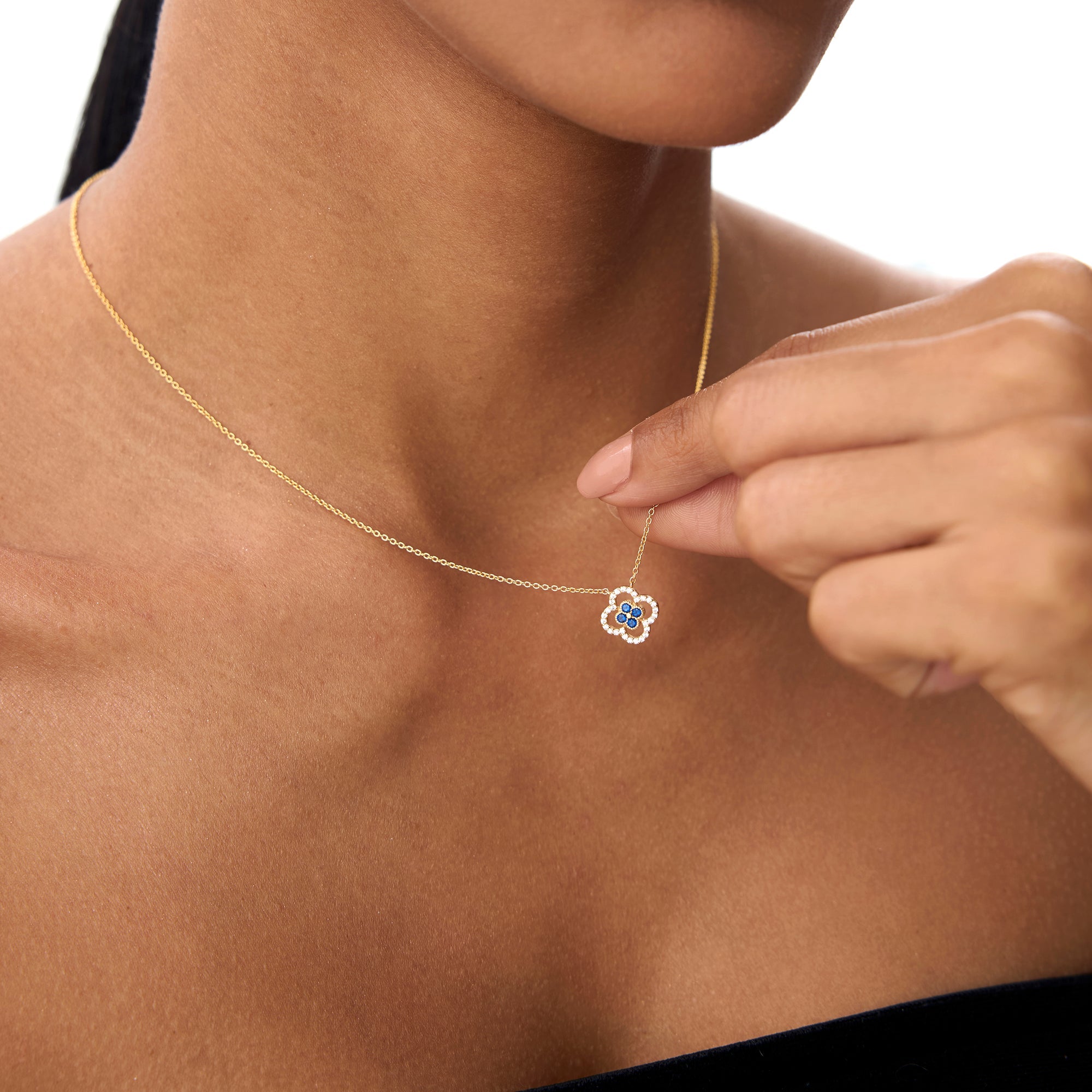 OBFJ0908 - 14k Sapphire Clover Necklace in Halo Setting 2