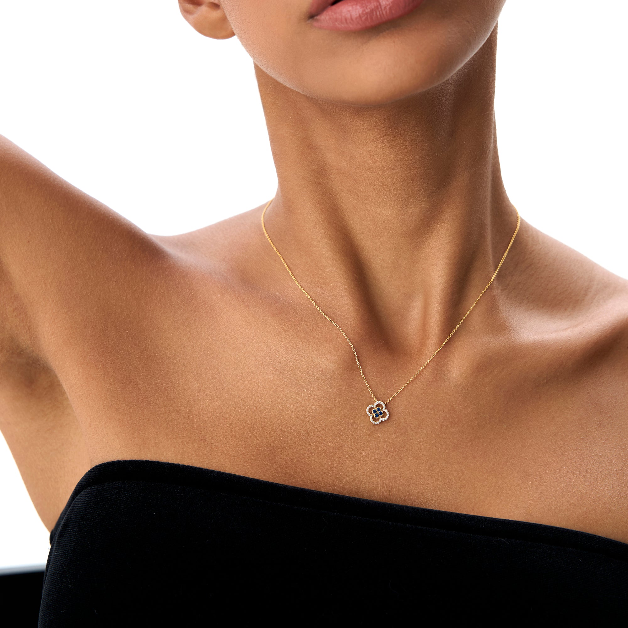 OBFJ0908 - 14k Sapphire Clover Necklace in Halo Setting 4