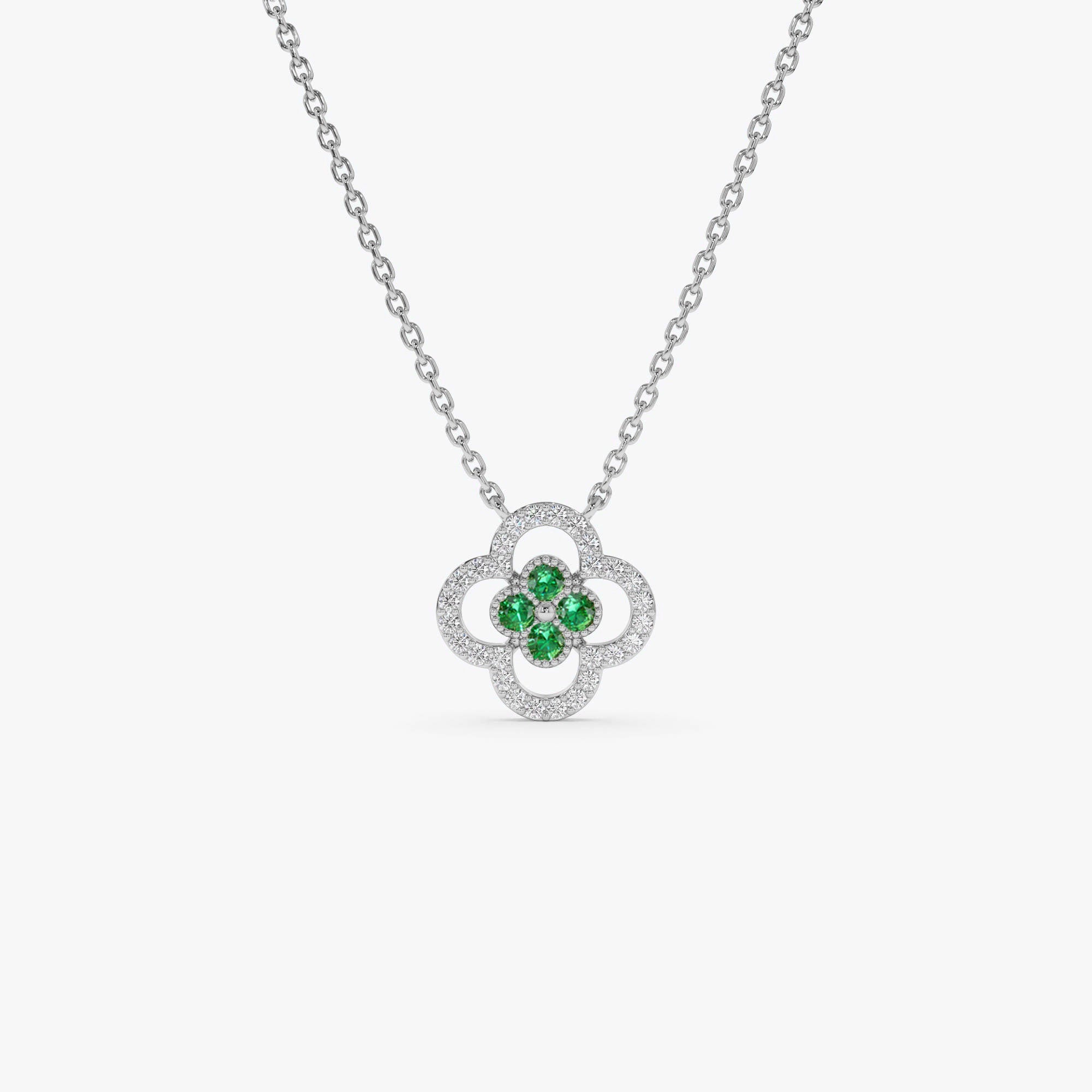 OBFJ0909 - 14k Emerald Clover Necklace in Halo Setting 8