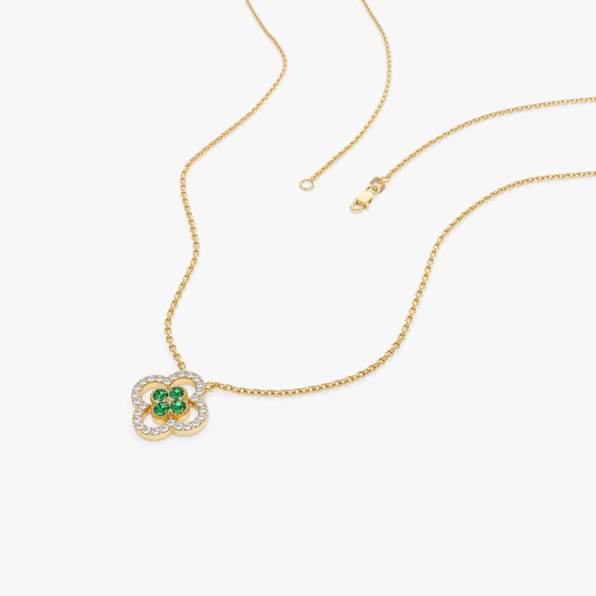OBFJ0909 - 14k Emerald Clover Necklace in Halo Setting 9