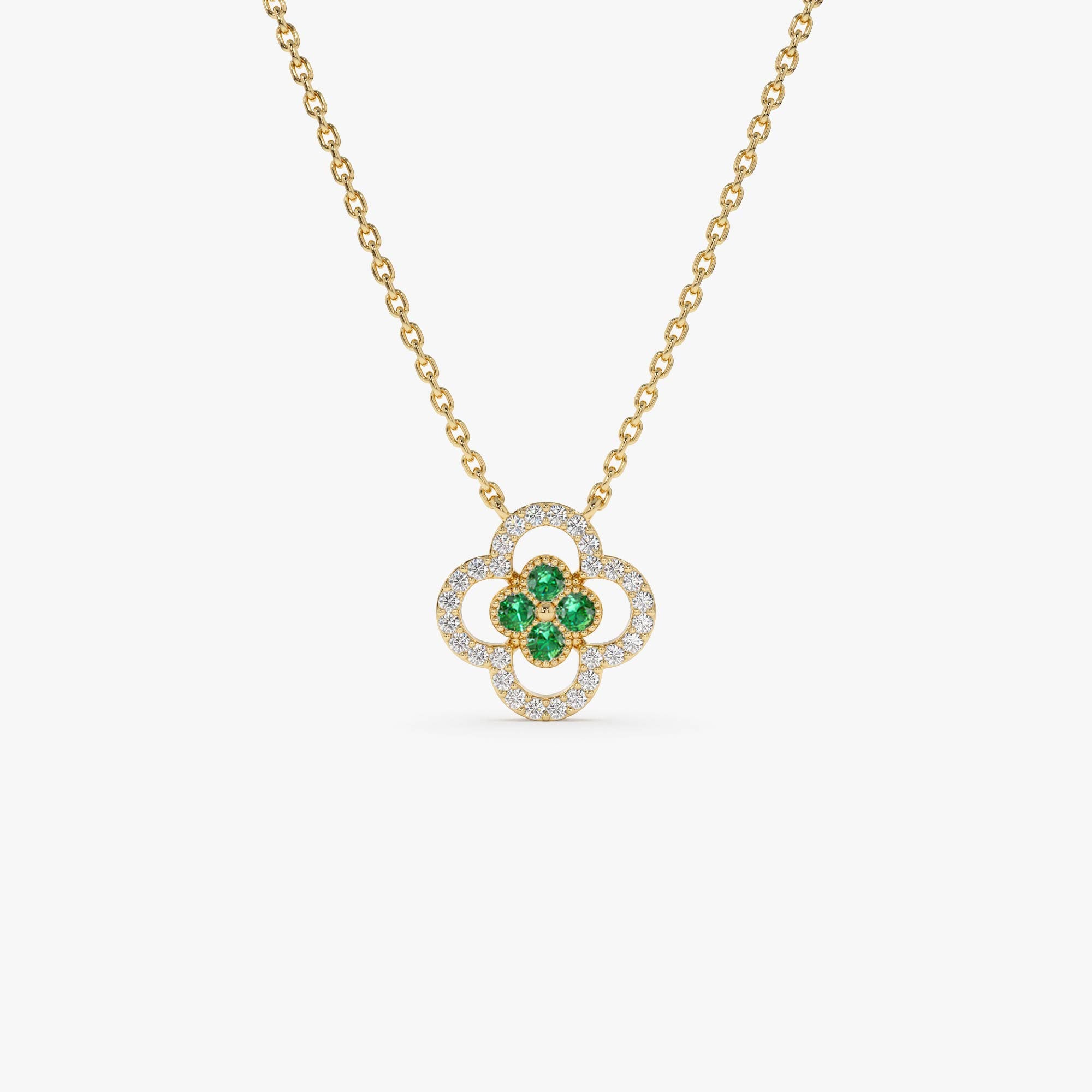 OBFJ0909 - 14k Emerald Clover Necklace in Halo Setting 1