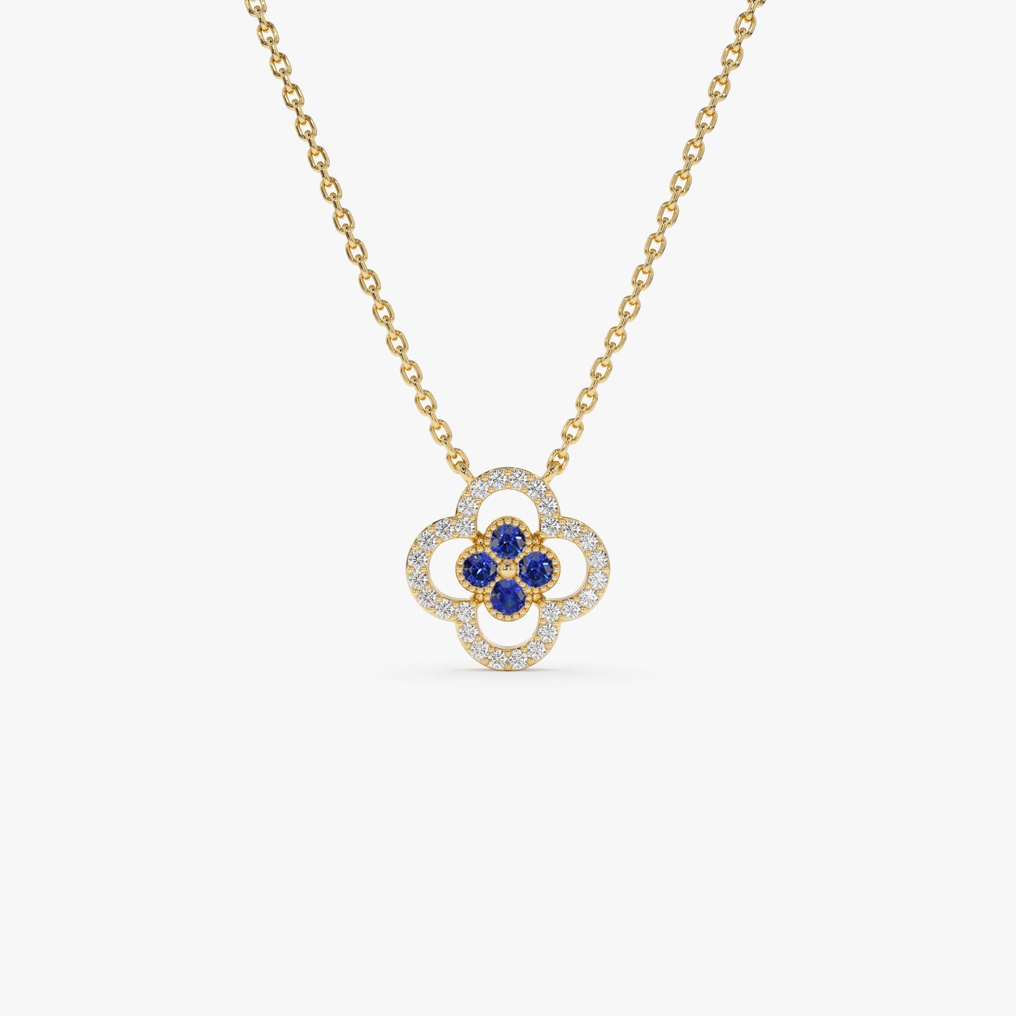 OBFJ0908 - 14k Sapphire Clover Necklace in Halo Setting 1