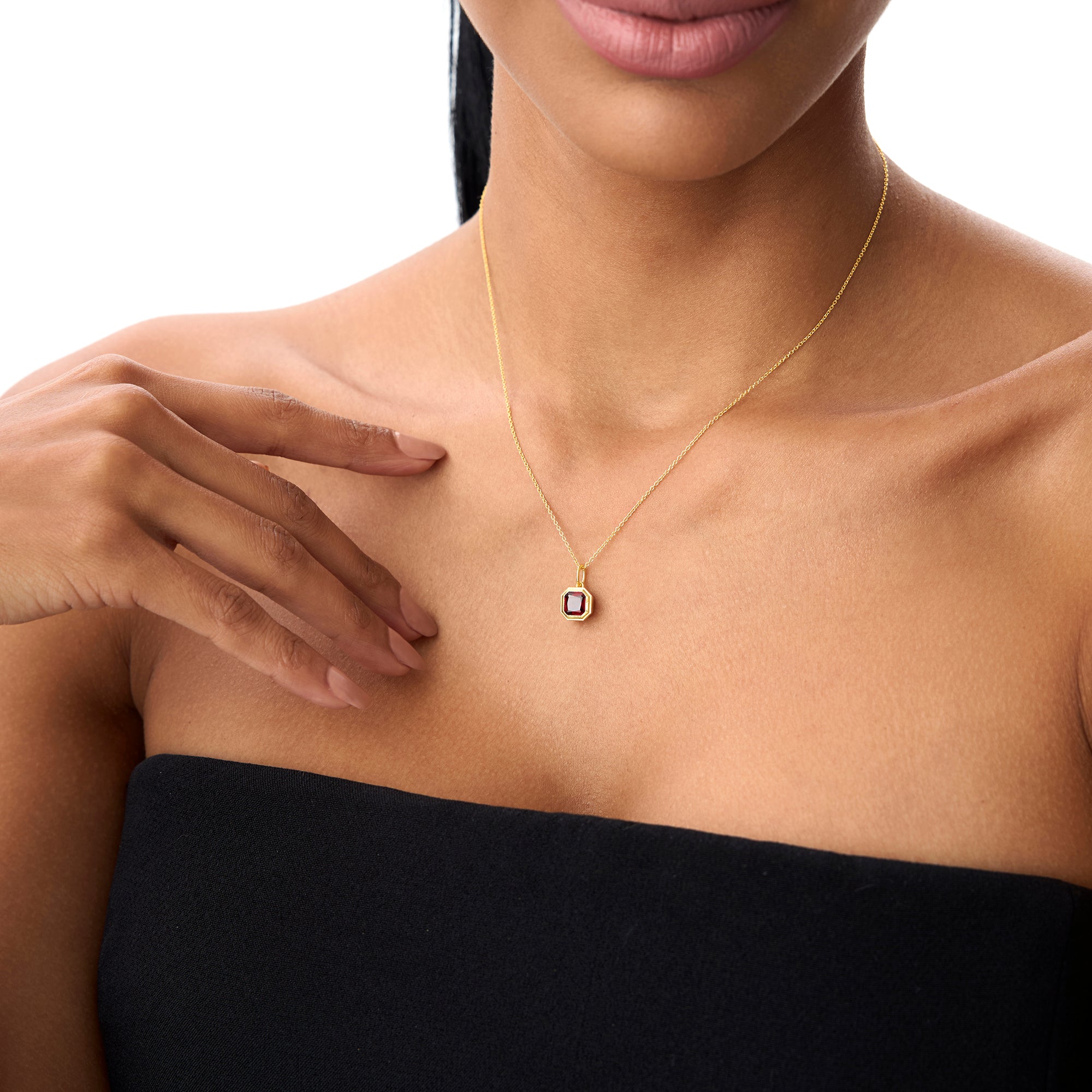 OBFJ0821 - 14K Asscher Cut Bezel Set Garnet Necklace 4