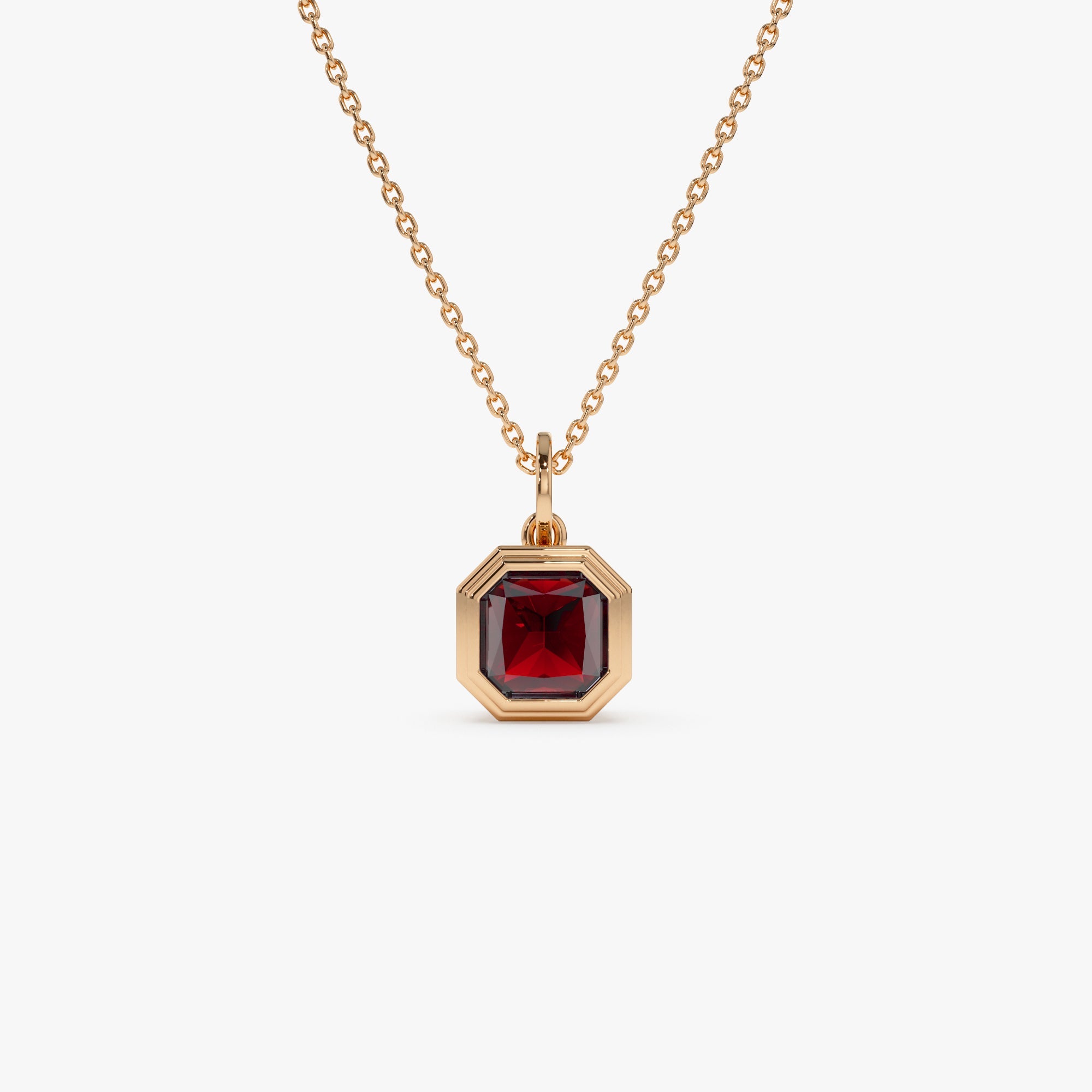 OBFJ0821 - 14K Asscher Cut Bezel Set Garnet Necklace 5