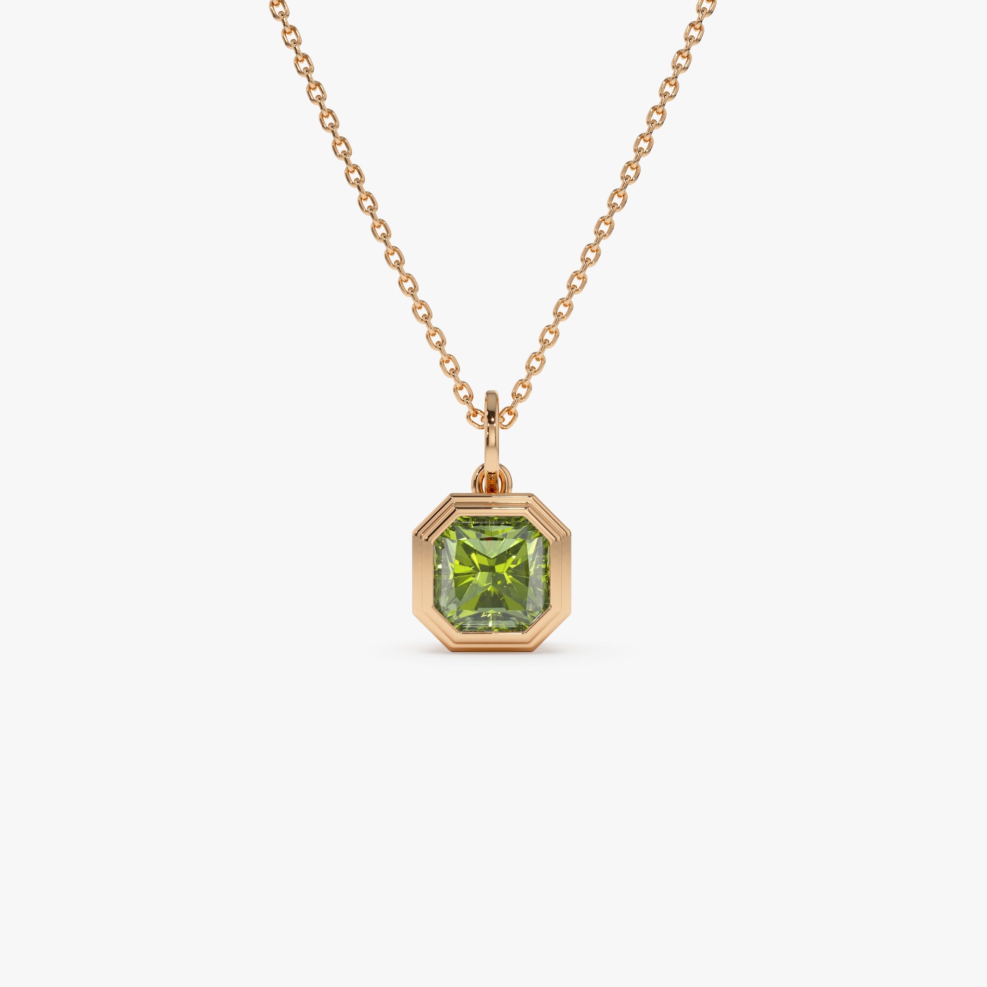 OBFJ0824 - 14K Asscher Cut Bezel Set Peridot Necklace 5