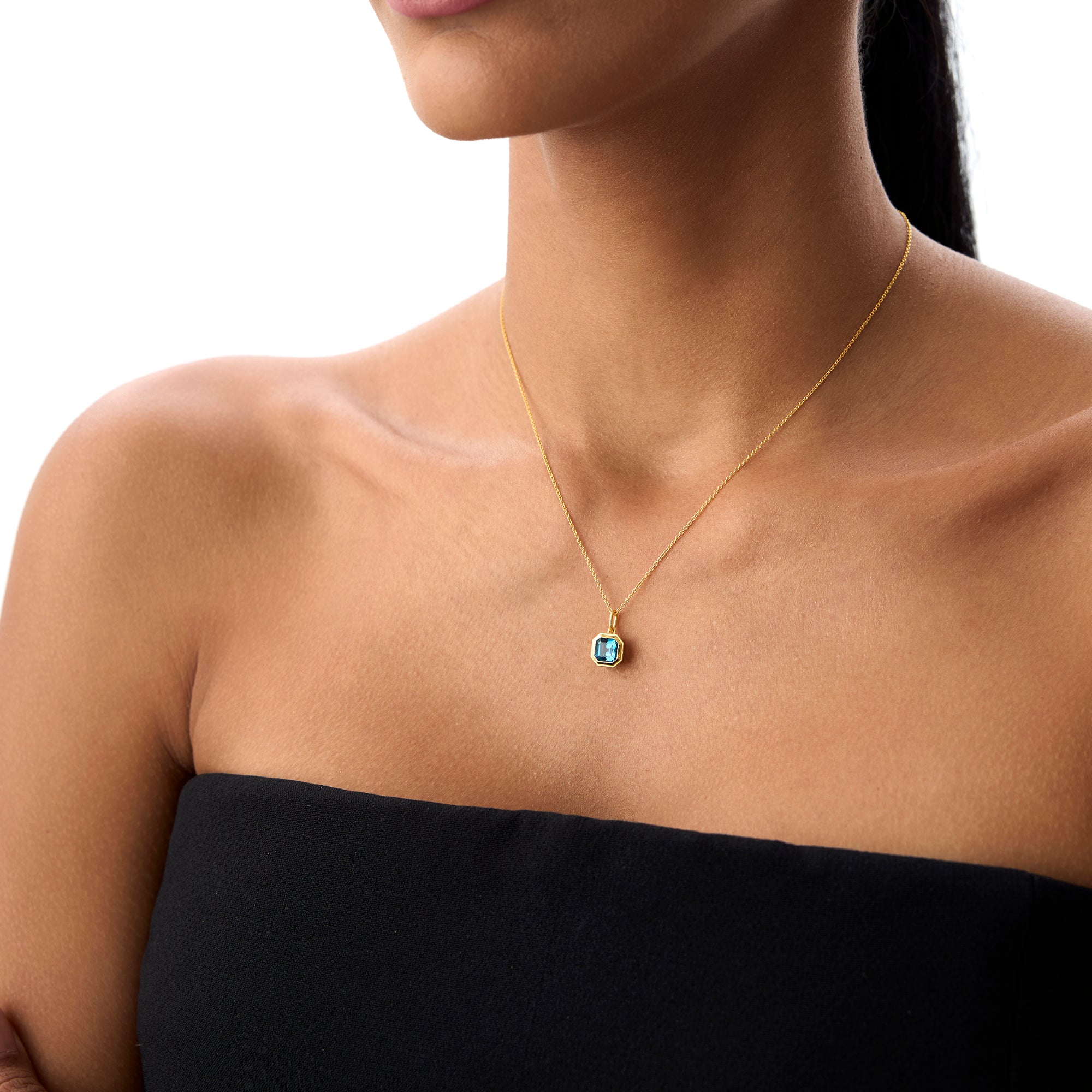 OBFJ0823 - 14K Asscher Cut Bezel Set London Blue Topaz  Necklace 3