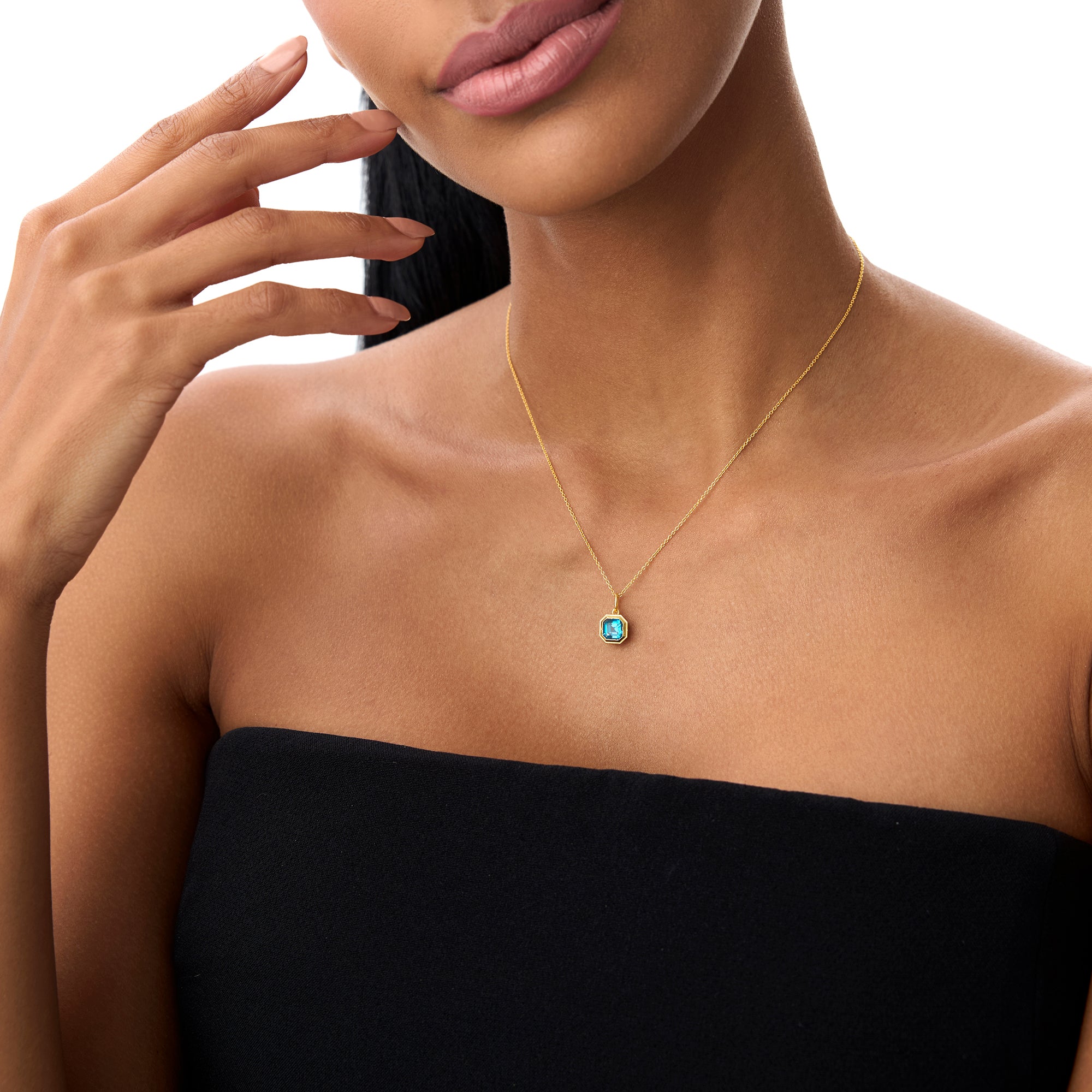 OBFJ0823 - 14K Asscher Cut Bezel Set London Blue Topaz  Necklace 4