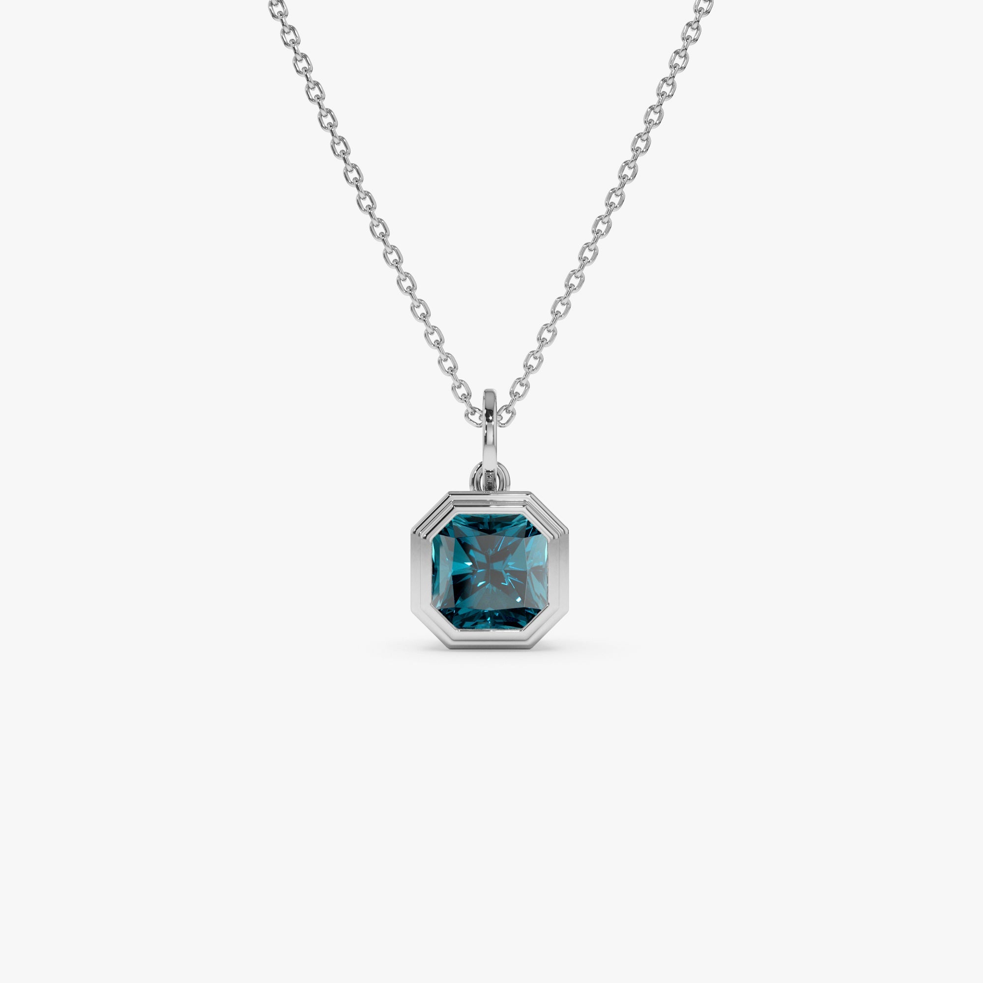 OBFJ0823 - 14K Asscher Cut Bezel Set London Blue Topaz  Necklace 6