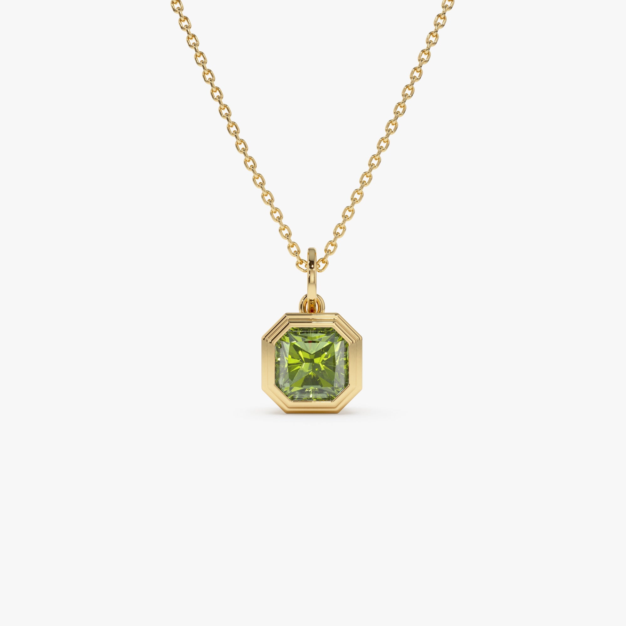 OBFJ0824 - 14K Asscher Cut Bezel Set Peridot Necklace 1