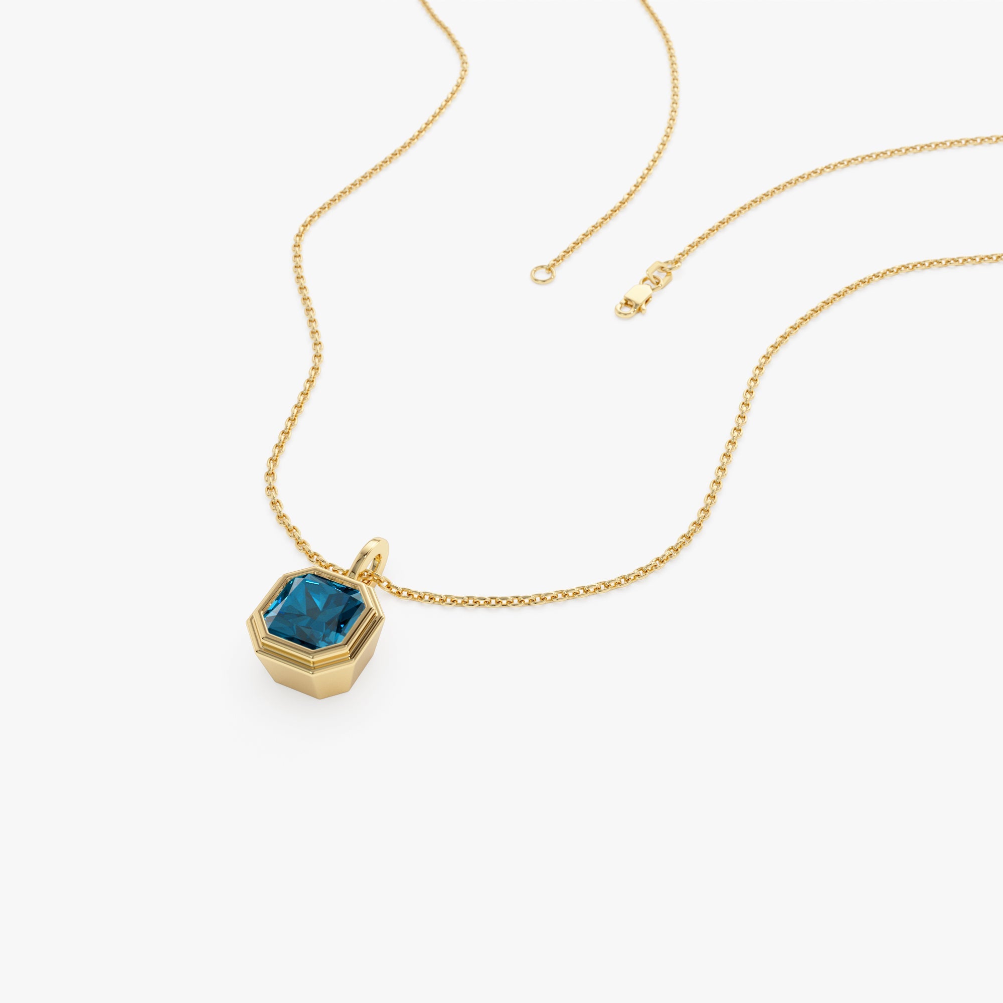 OBFJ0823 - 14K Asscher Cut Bezel Set London Blue Topaz  Necklace 7