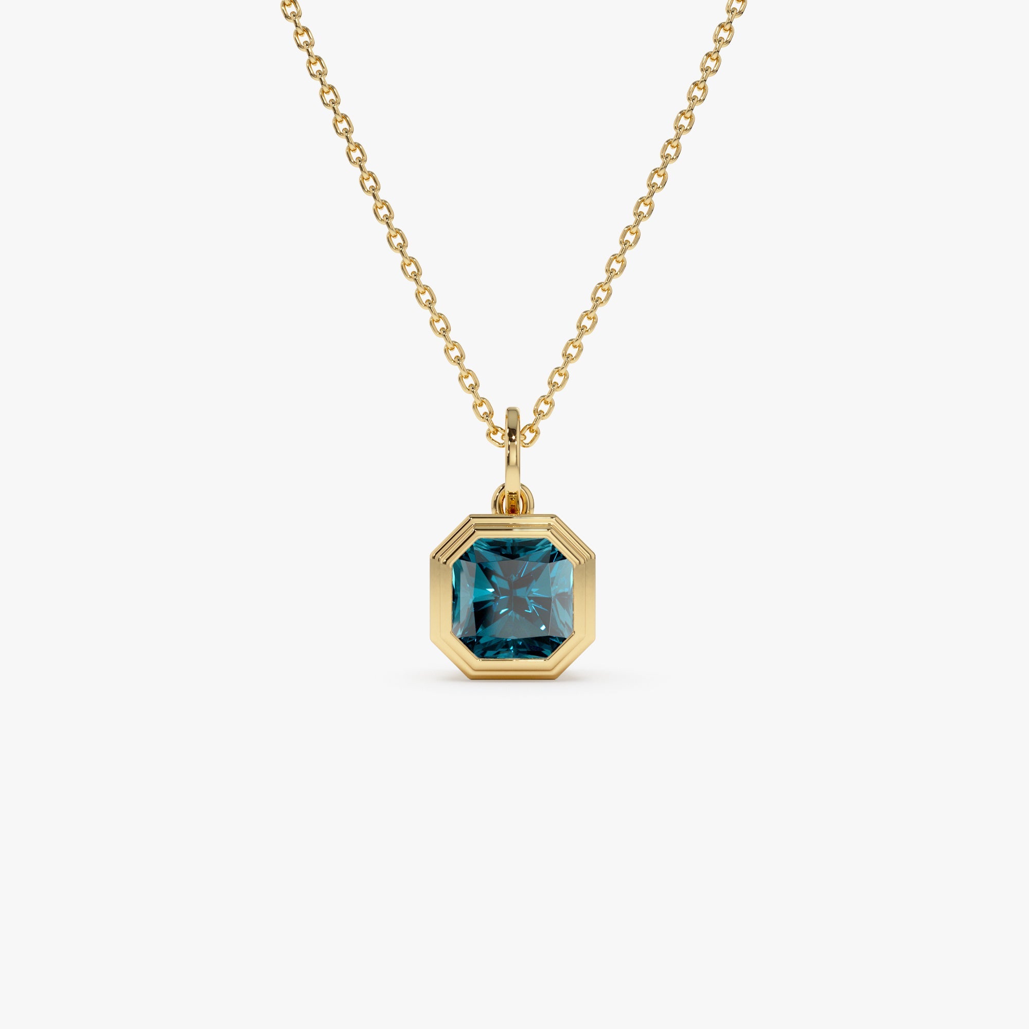 OBFJ0823 - 14K Asscher Cut Bezel Set London Blue Topaz  Necklace 1