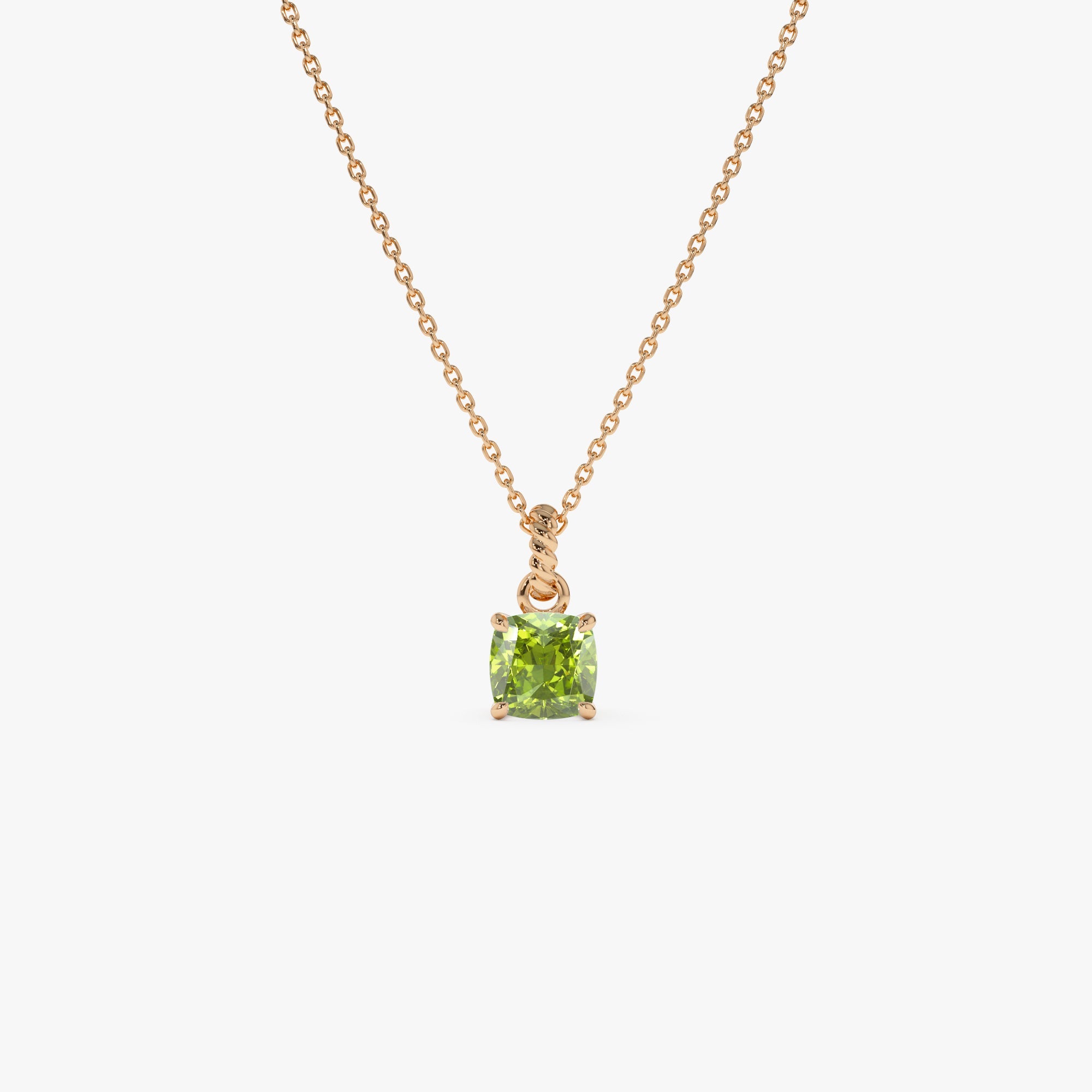 OBFJ0814 - 14K Cushion Cut Peridot Solitaire Necklace 6