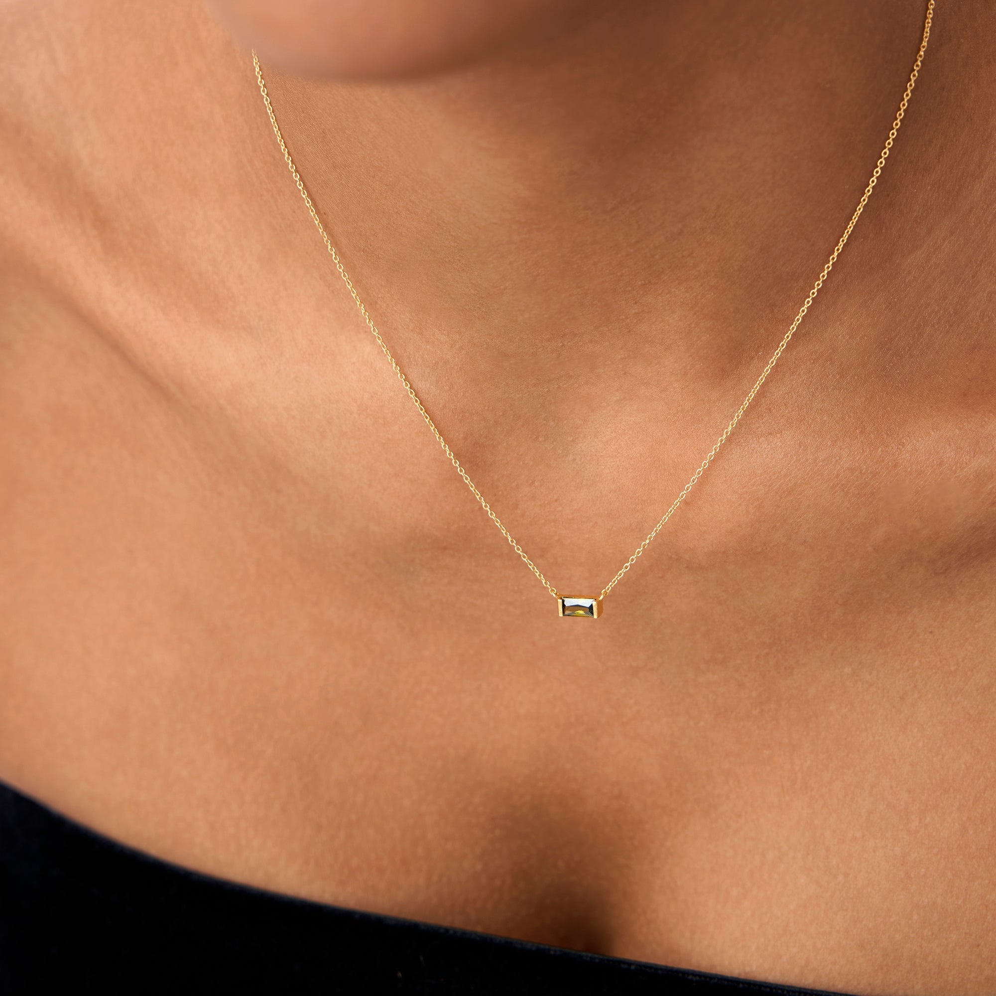 OBFJ0834 - 14Kt Gold Baguette Peridot Dainty Birthstone Necklace 3