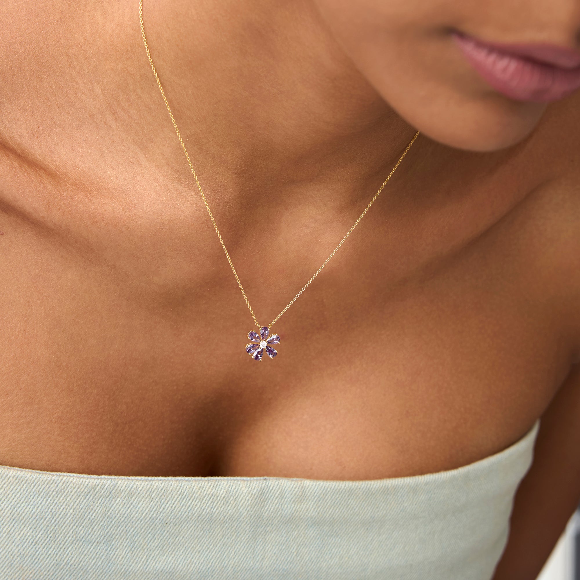 OBFJ0841 - 14K Gold Amethyst Flower Necklace 4