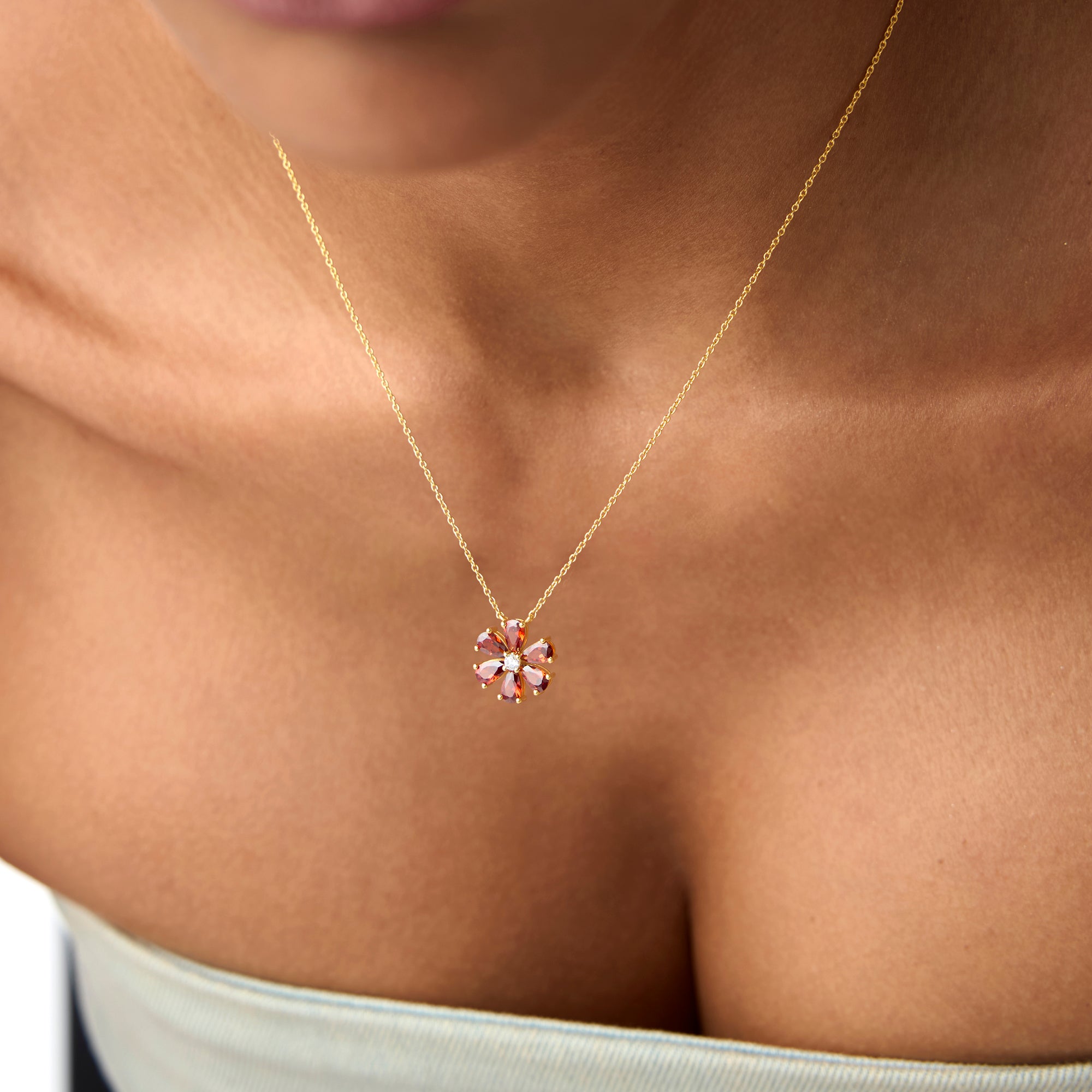 OBFJ0839 - 14K Gold Garnet Flower Necklace 5