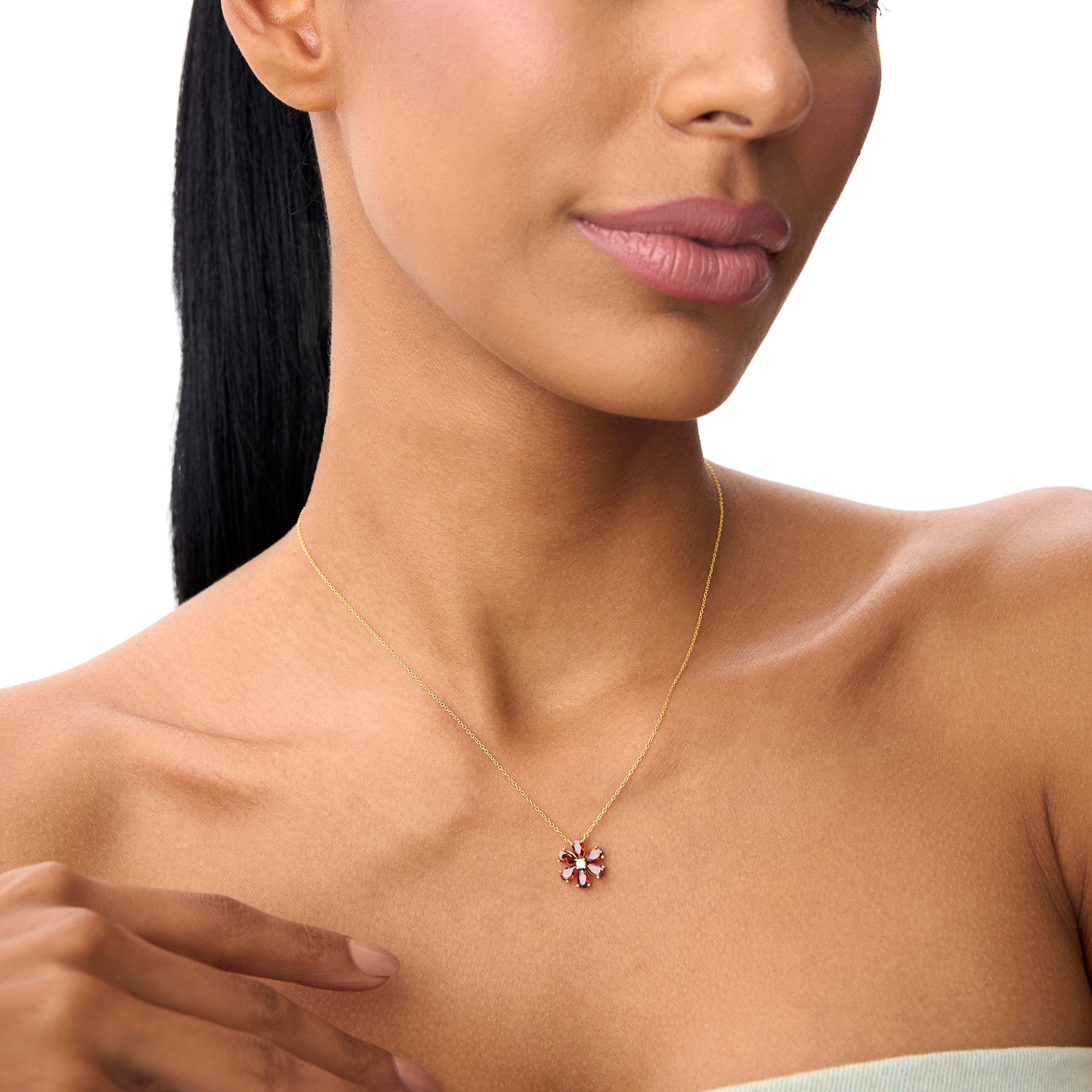 OBFJ0839 - 14K Gold Garnet Flower Necklace 4