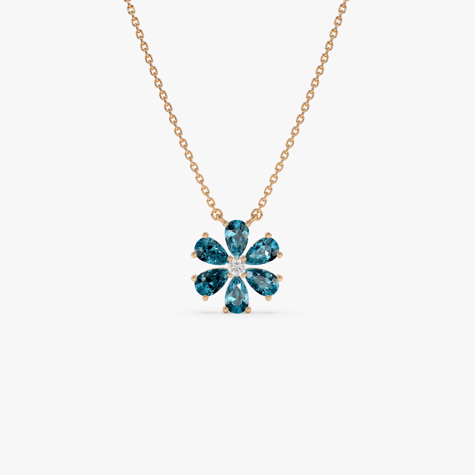 OBFJ0843 - 14K Gold London Blue Topaz Flower Necklace 5