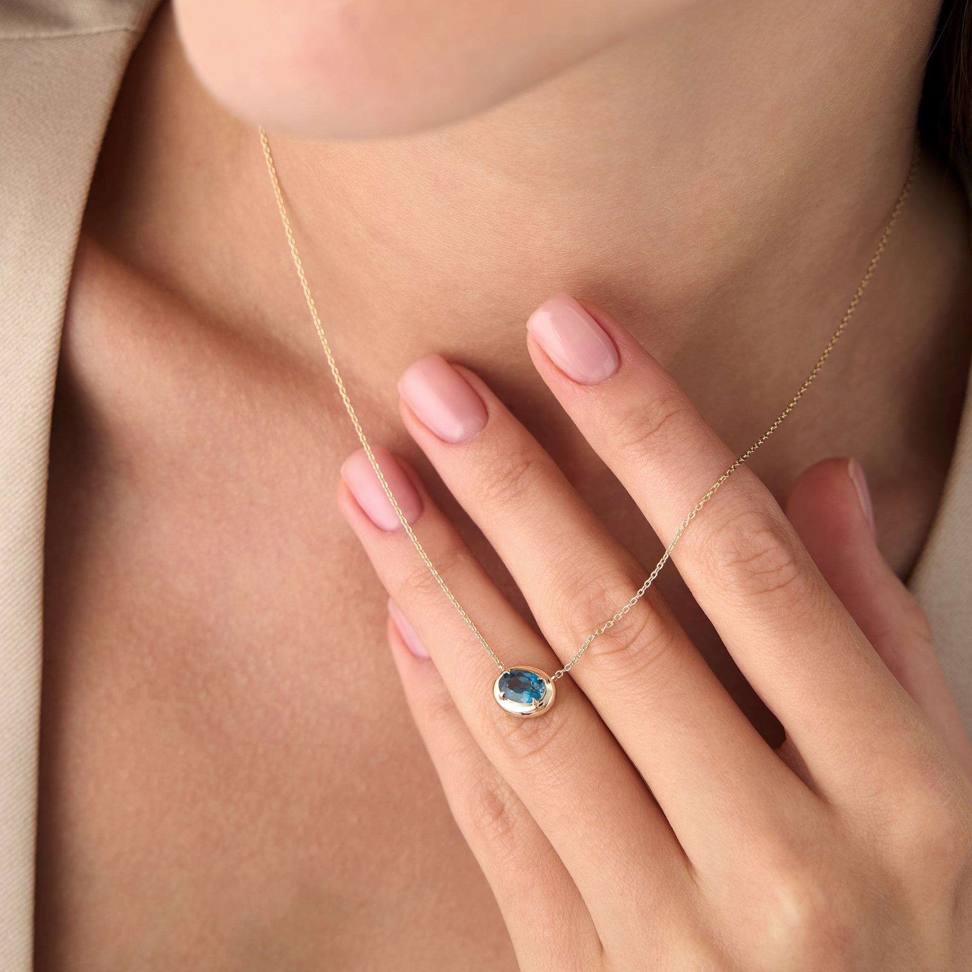 OBFJ0458 - 14K Prong Setting Oval Shaped London Blue Topaz Necklace 4