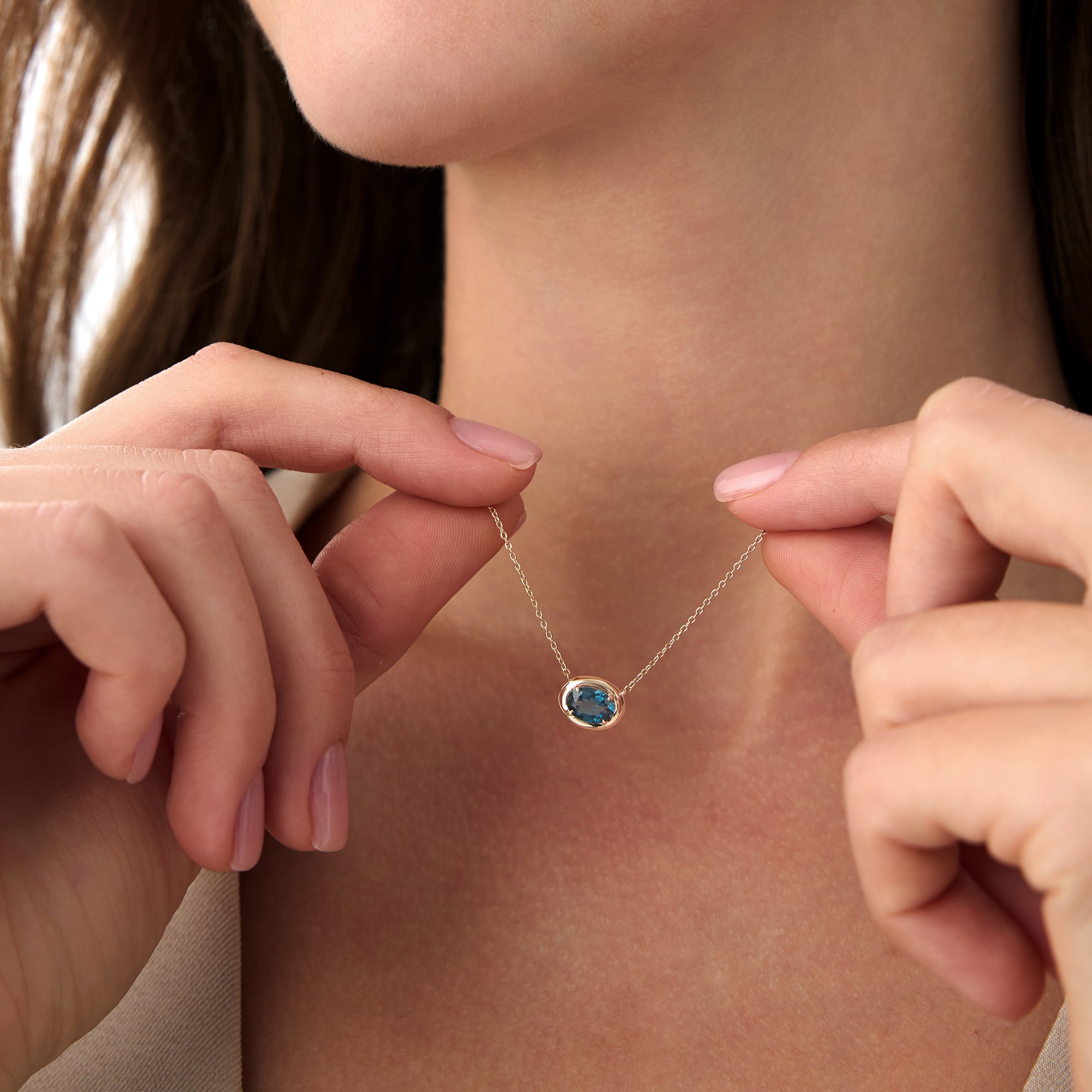 OBFJ0458 - 14K Prong Setting Oval Shaped London Blue Topaz Necklace 2