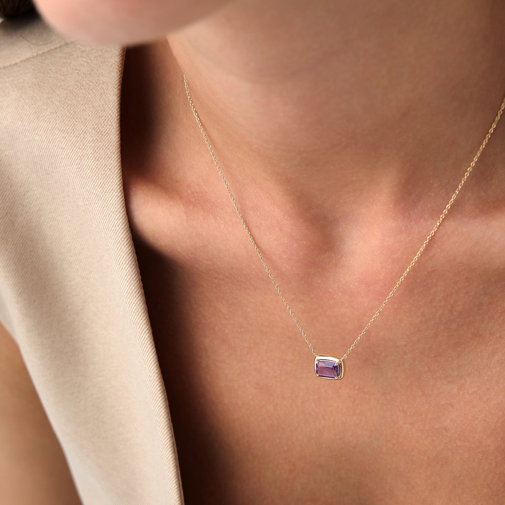 OBFJ0461 - 14K Prong Setting Emerald Cut Amethyst Necklace 3