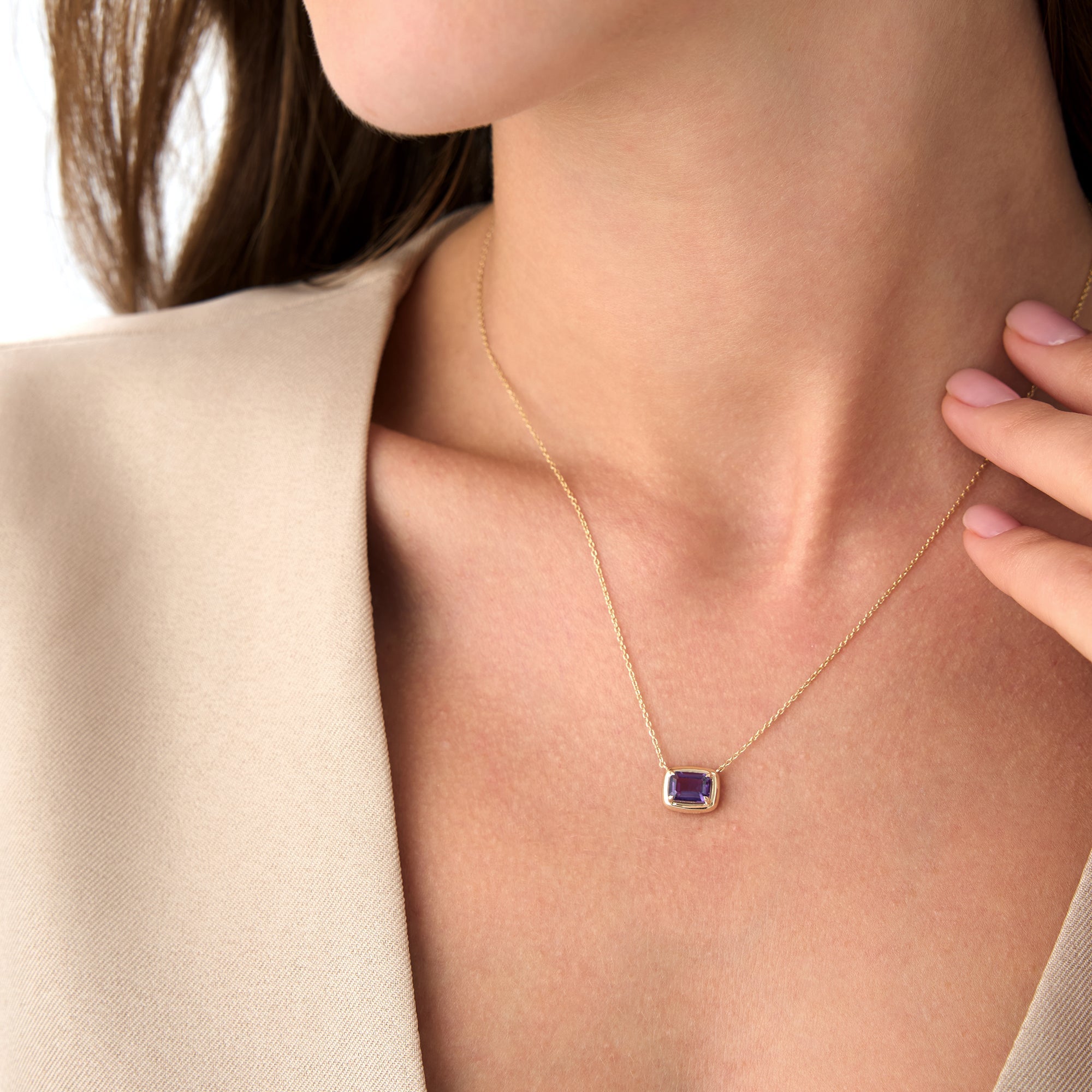 OBFJ0461 - 14K Prong Setting Emerald Cut Amethyst Necklace 5
