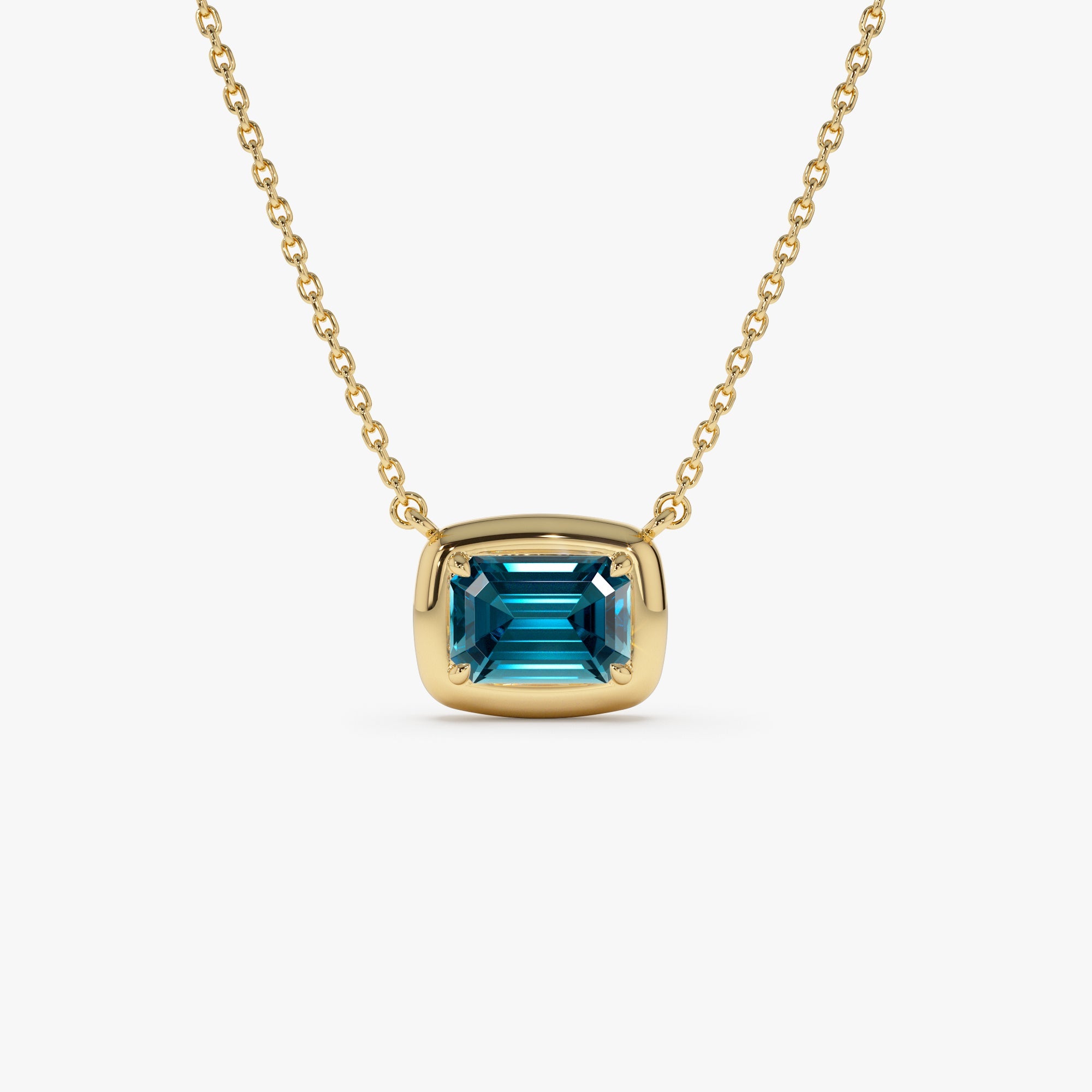 OBFJ0464 - 14K Prong Setting Emerald Cut London Blue Topaz Necklace 1