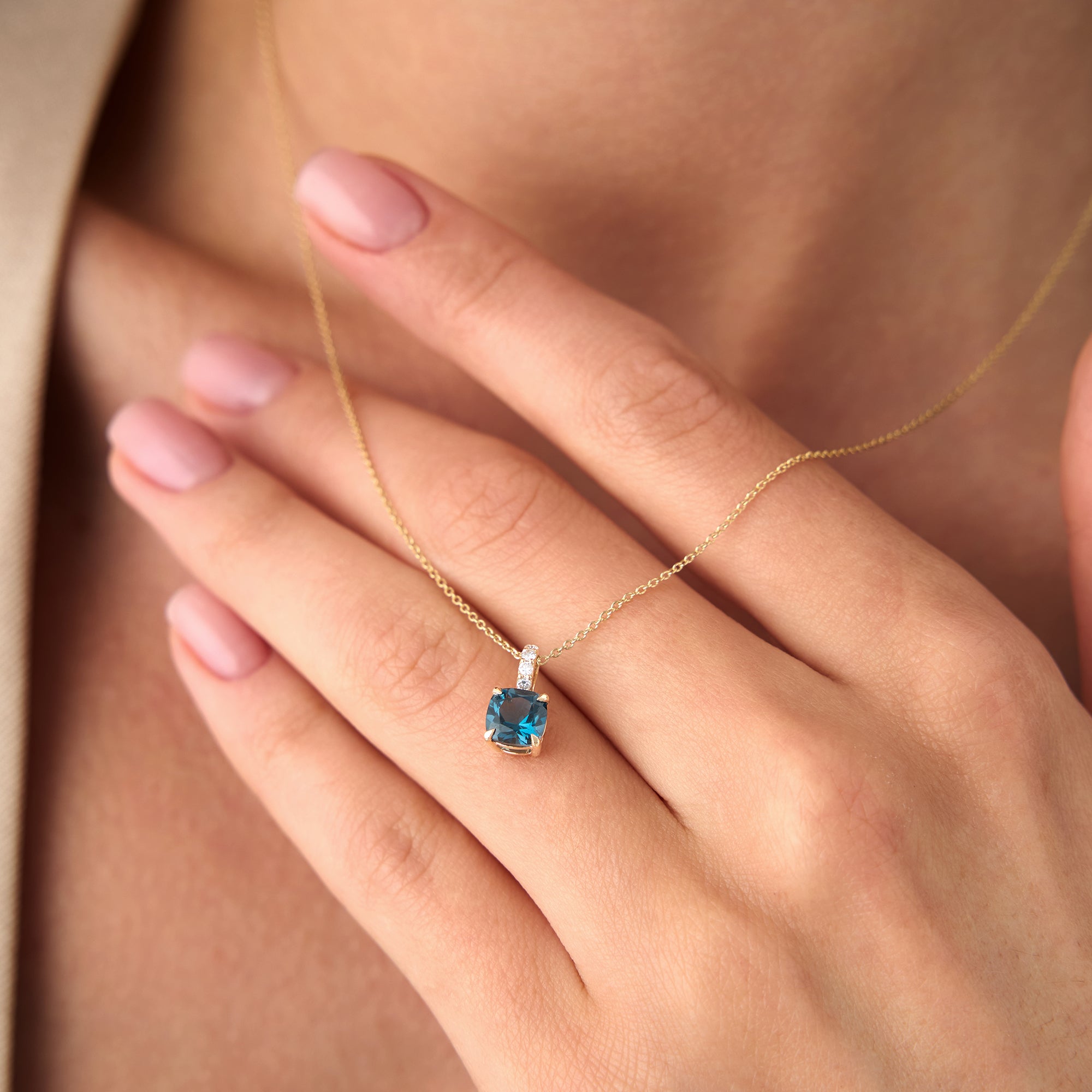 OBFJ0468 - 14K Cushion Cut London Blue Topaz with Diamond Bail 2
