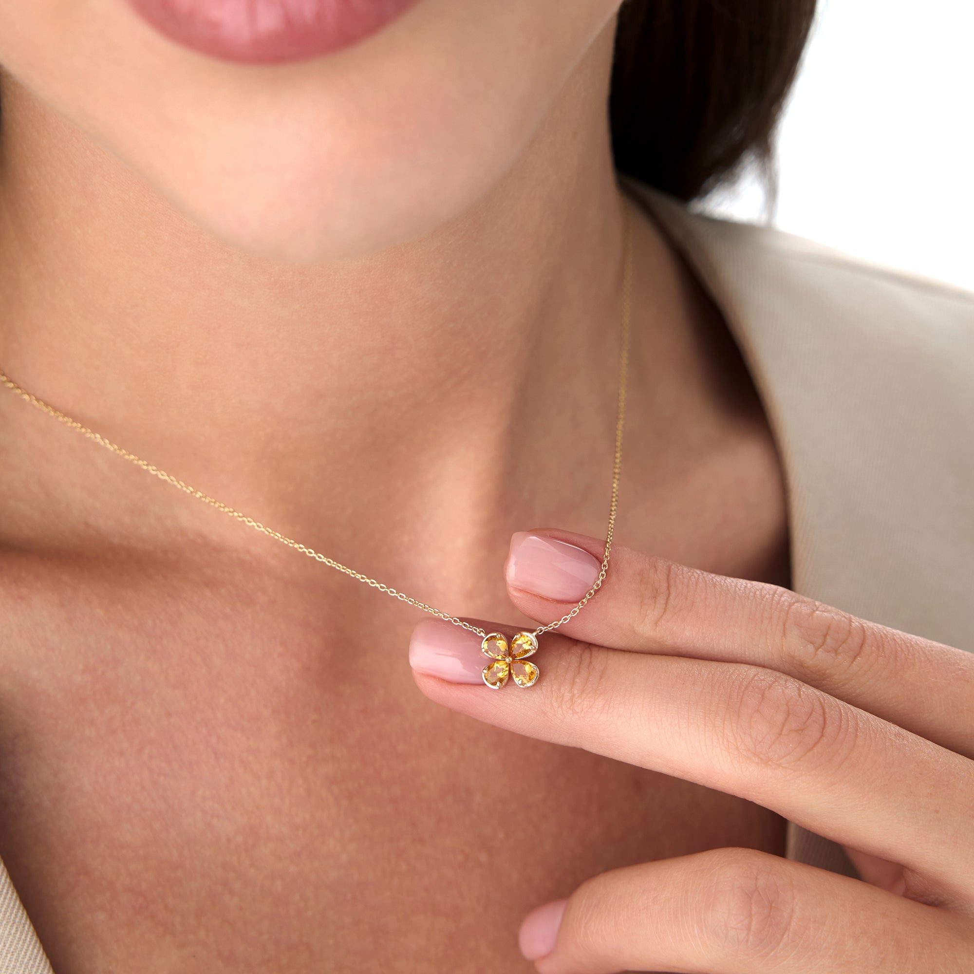 OBFJ0479 - 14K Four Leaf Citrine Clover Necklace 2