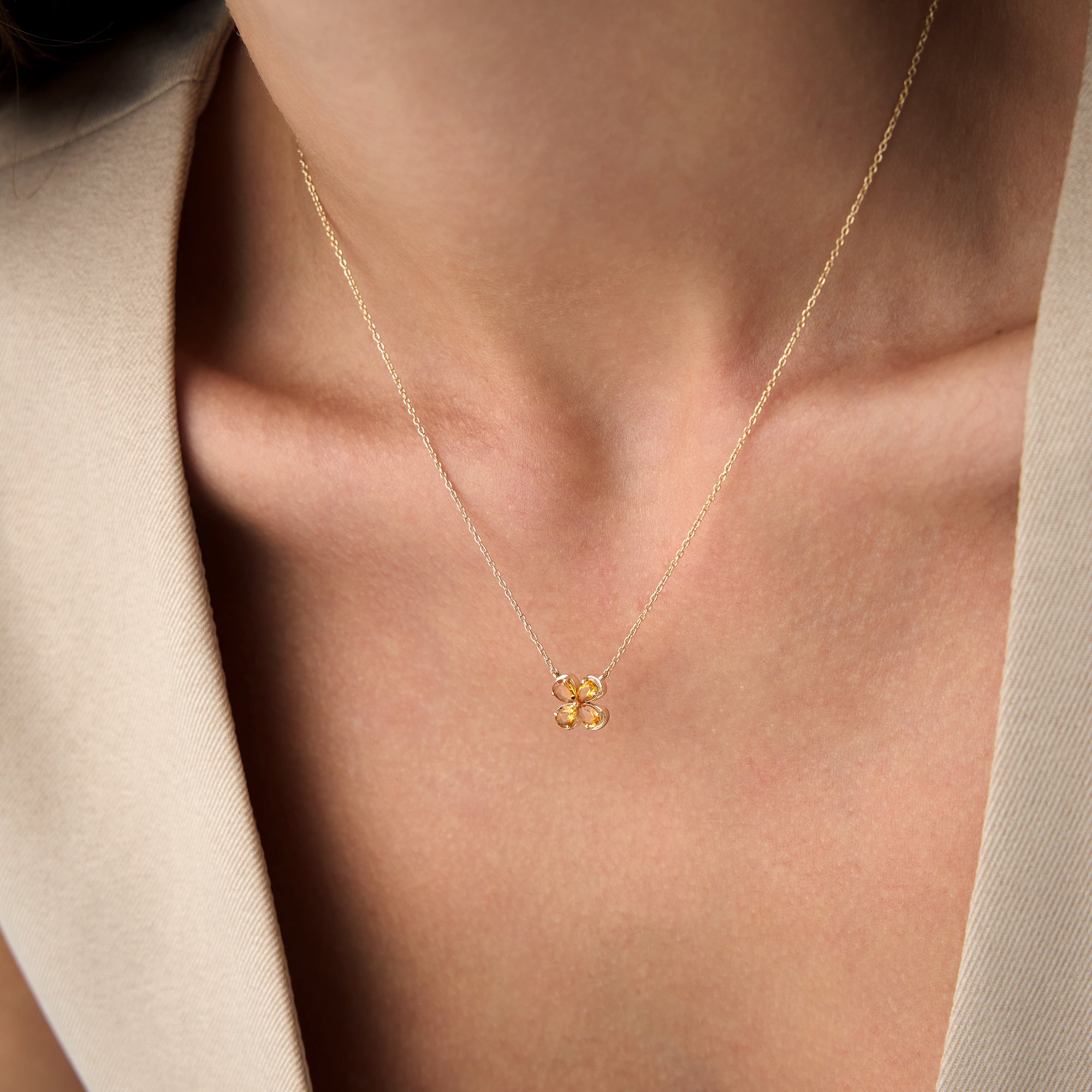 OBFJ0479 - 14K Four Leaf Citrine Clover Necklace 6