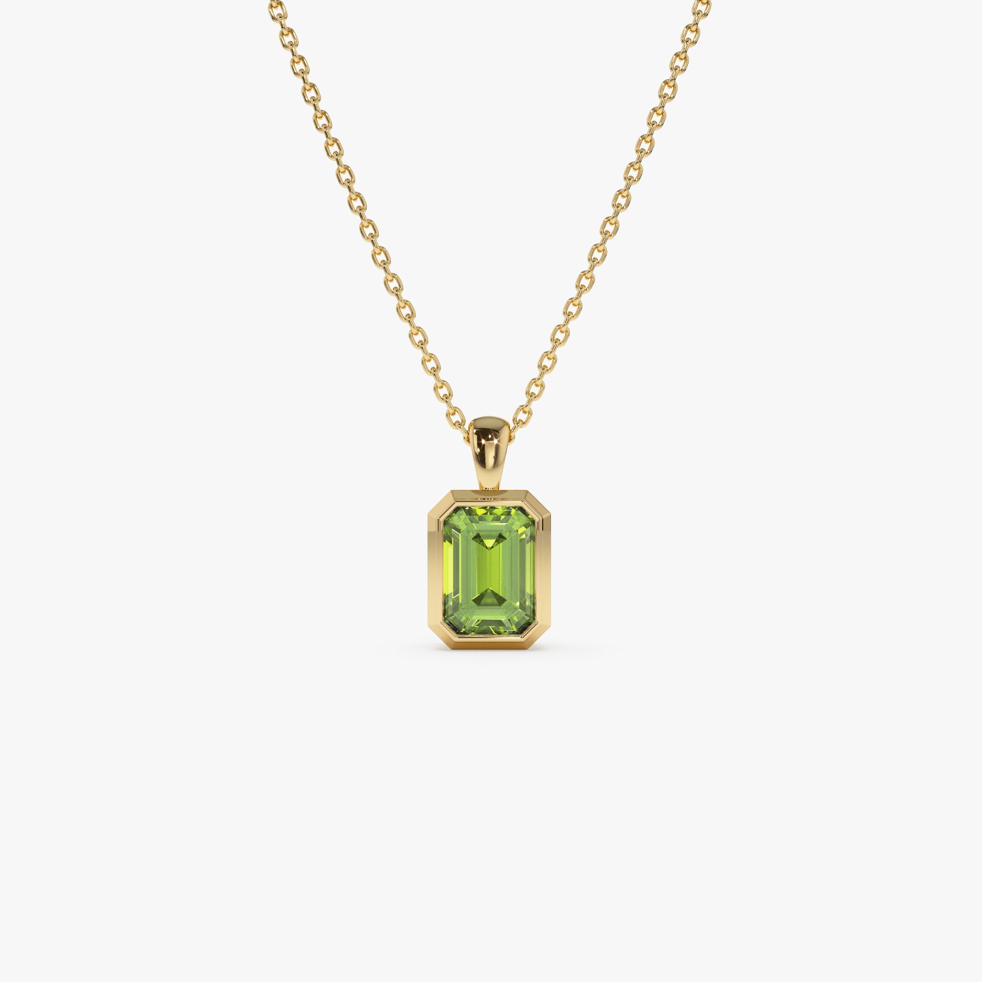 OBFJ0473 - 14K Emerald Cut Peridot Vertical Bezel Setting Pendant 1